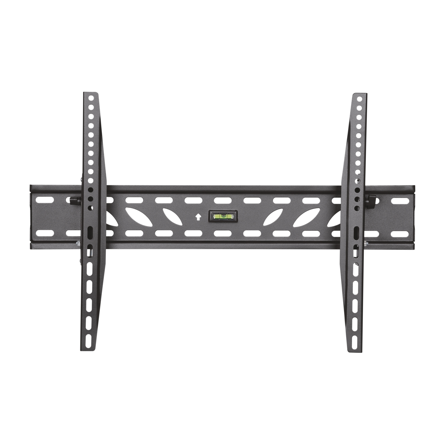 Un soporte de pared para TV negro sobre un fondo blanco. Tiene dos barras verticales y una barra horizontal con muchos agujeros y un nivel.