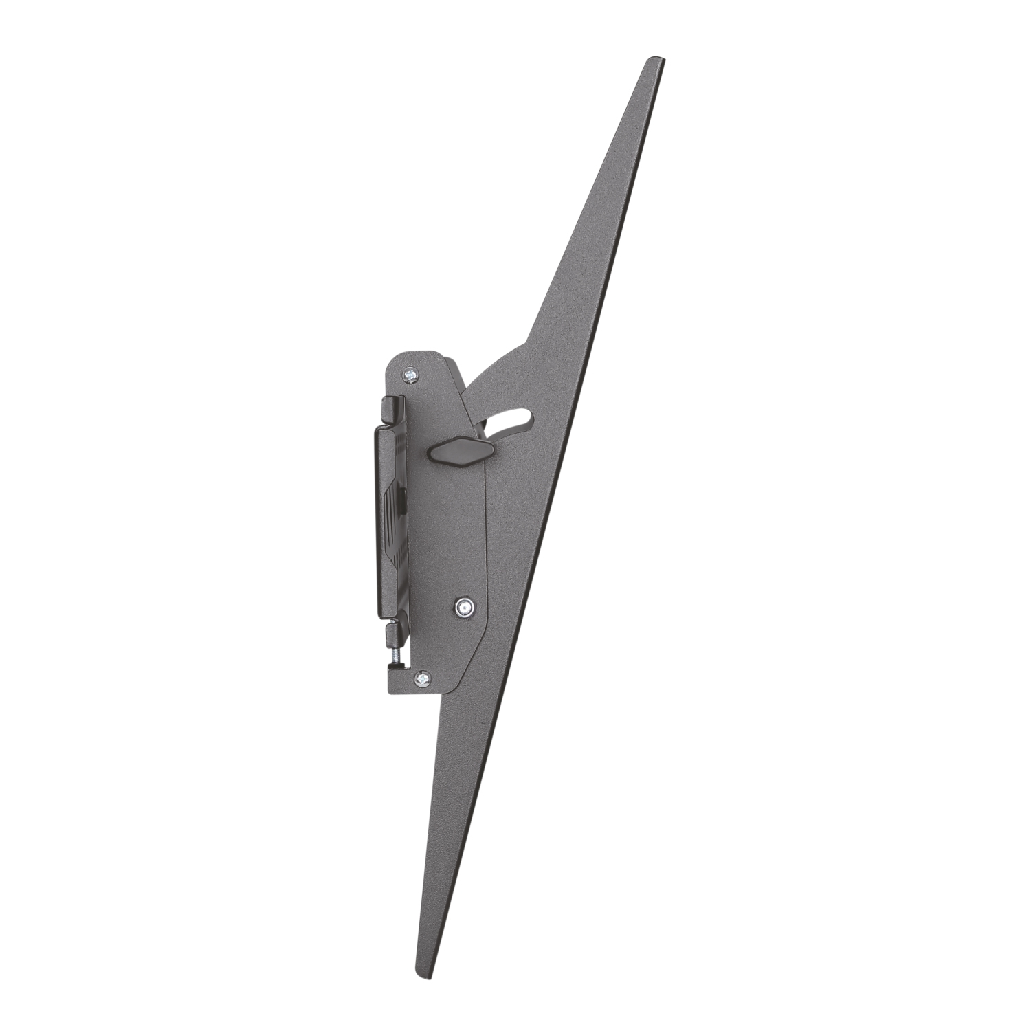 Un soporte de pared para TV de metal gris en ángulo. Está montado sobre un fondo blanco. El soporte tiene varias piezas y tornillos.