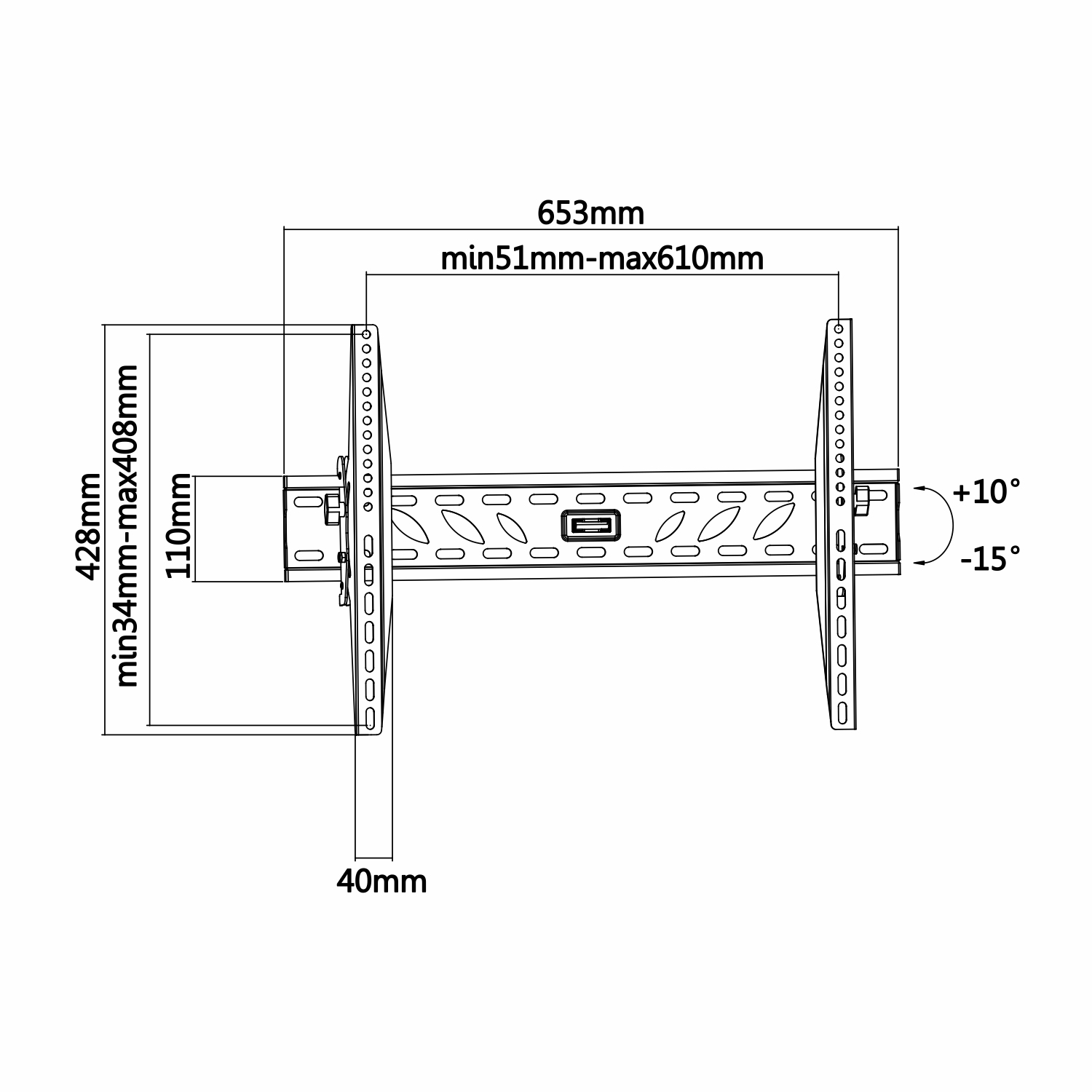 Diagrama en blanco y negro de un soporte de pared con dimensiones en milímetros. También se muestran ángulos de +10 y -15 grados.