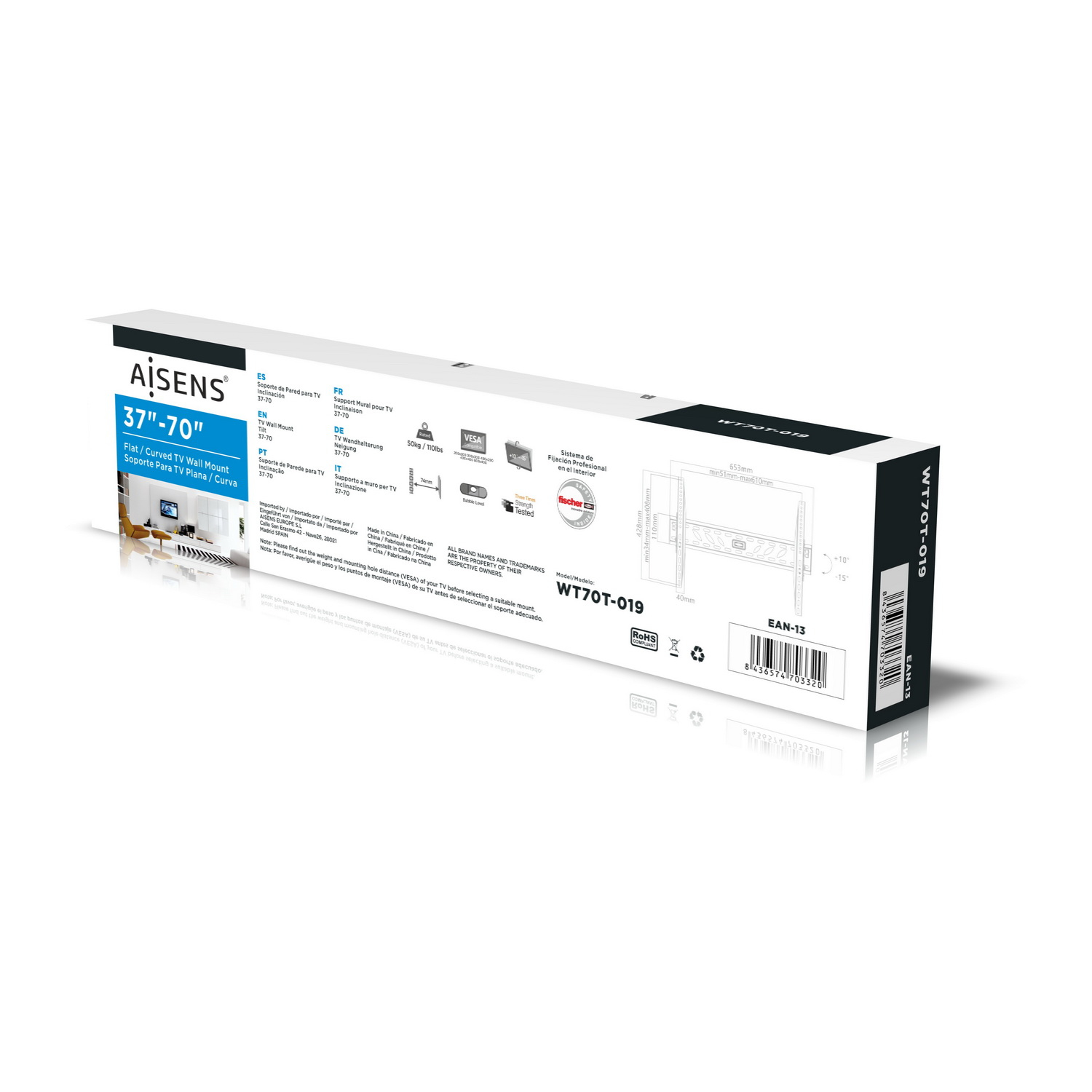 Caja blanca de soporte de pared para TV. Texto incluye 'AISENS', '37-70", 'WT70T-019' y especificaciones técnicas.