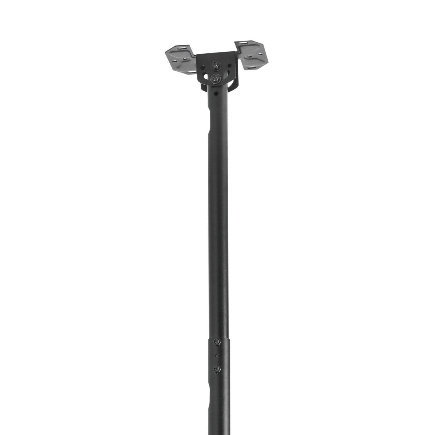 Un soporte de techo negro vertical. Tiene un soporte en la parte superior y un poste ajustable, todo sobre un fondo blanco.