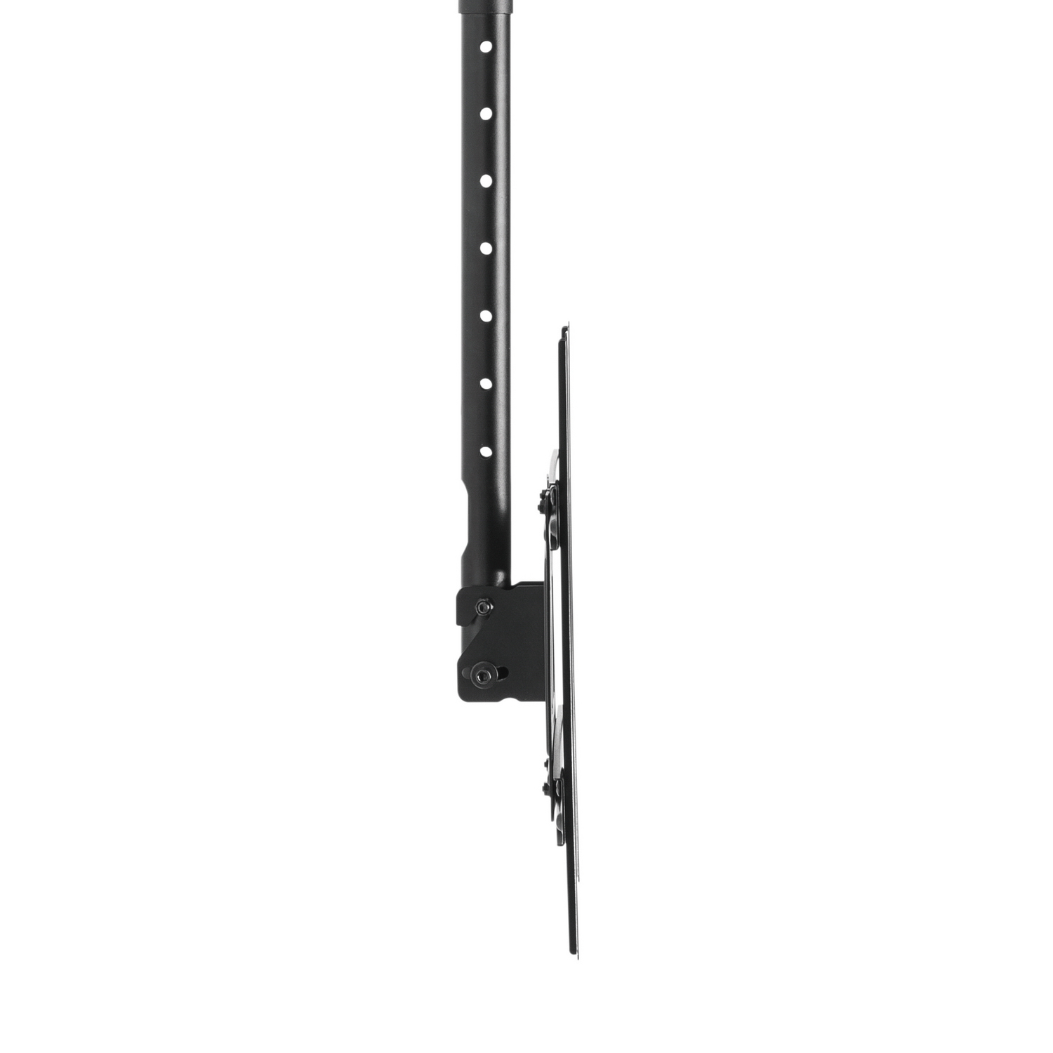 Soporte de techo negro para TV. Tiene un poste ajustable y una placa para sujetar el televisor.