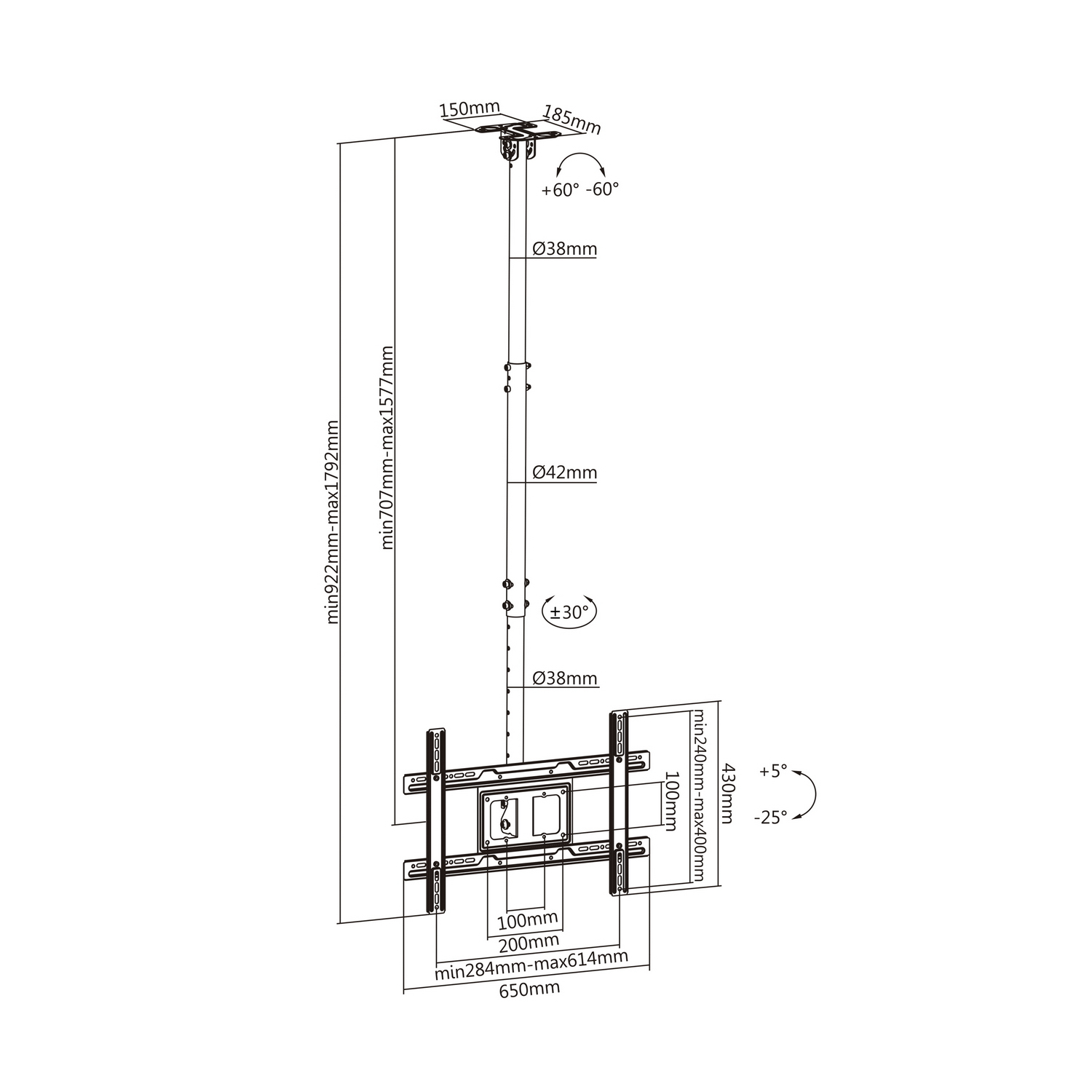 Diagrama de un soporte de TV con dimensiones, ángulos y medidas en mm. Muestra varias partes y sus especificaciones para la instalación.