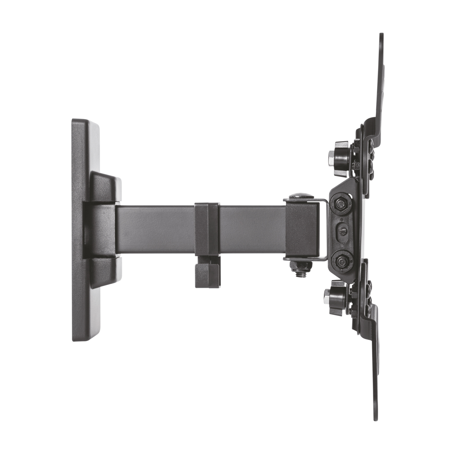 Un soporte de pared para TV negro y articulado sobre un fondo blanco. Se compone de varias piezas y articulaciones metálicas.