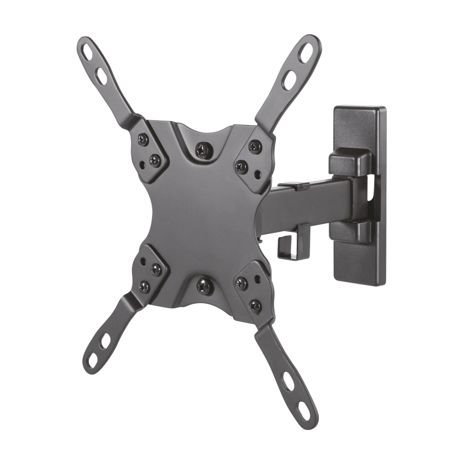 Un soporte de pared para TV de metal gris oscuro. Tiene una placa central con brazos que se extienden hacia afuera, asegurados con tornillos y un soporte de pared.