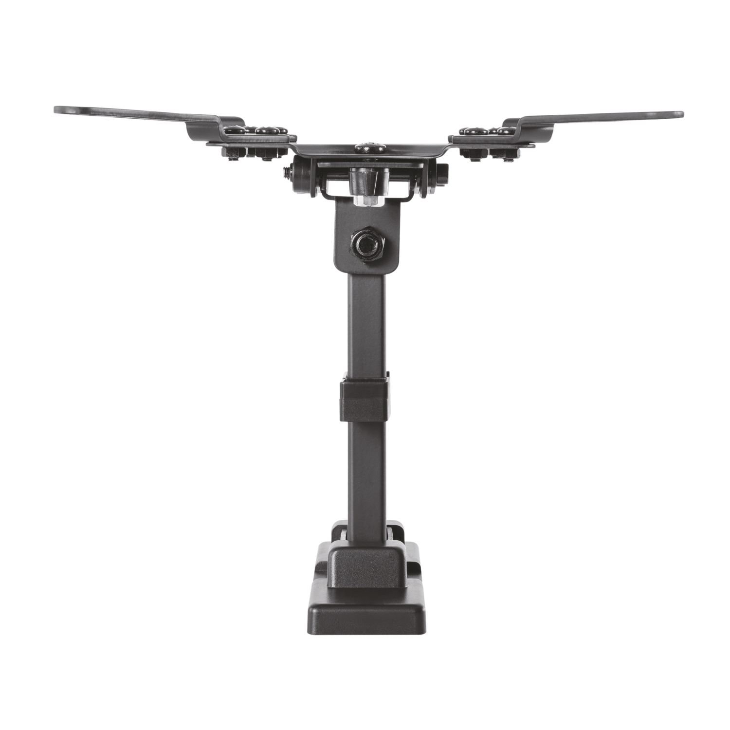 Un soporte de metal negro para sujetar equipos, con dos brazos extensibles. Tiene una base y un soporte vertical central.