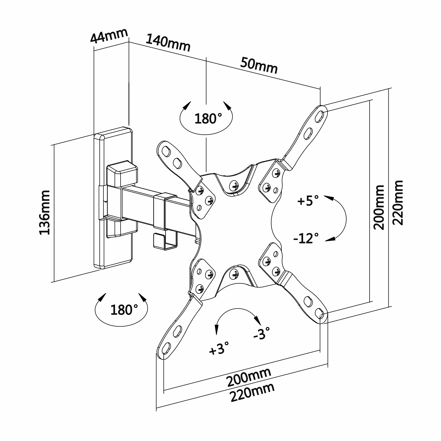 Diagrama de un soporte de pared para TV con dimensiones y ángulos. Muestra medidas de las piezas y ángulos de rotación.