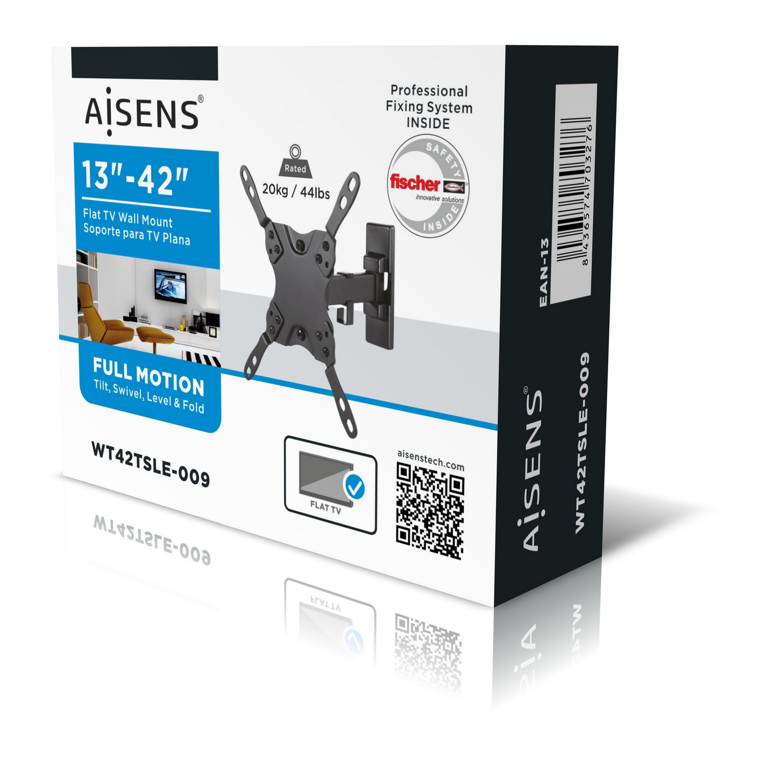 Caja para un soporte de pared para TV. Soporte negro en el medio. La caja tiene texto en inglés y español. Incluye un código QR.