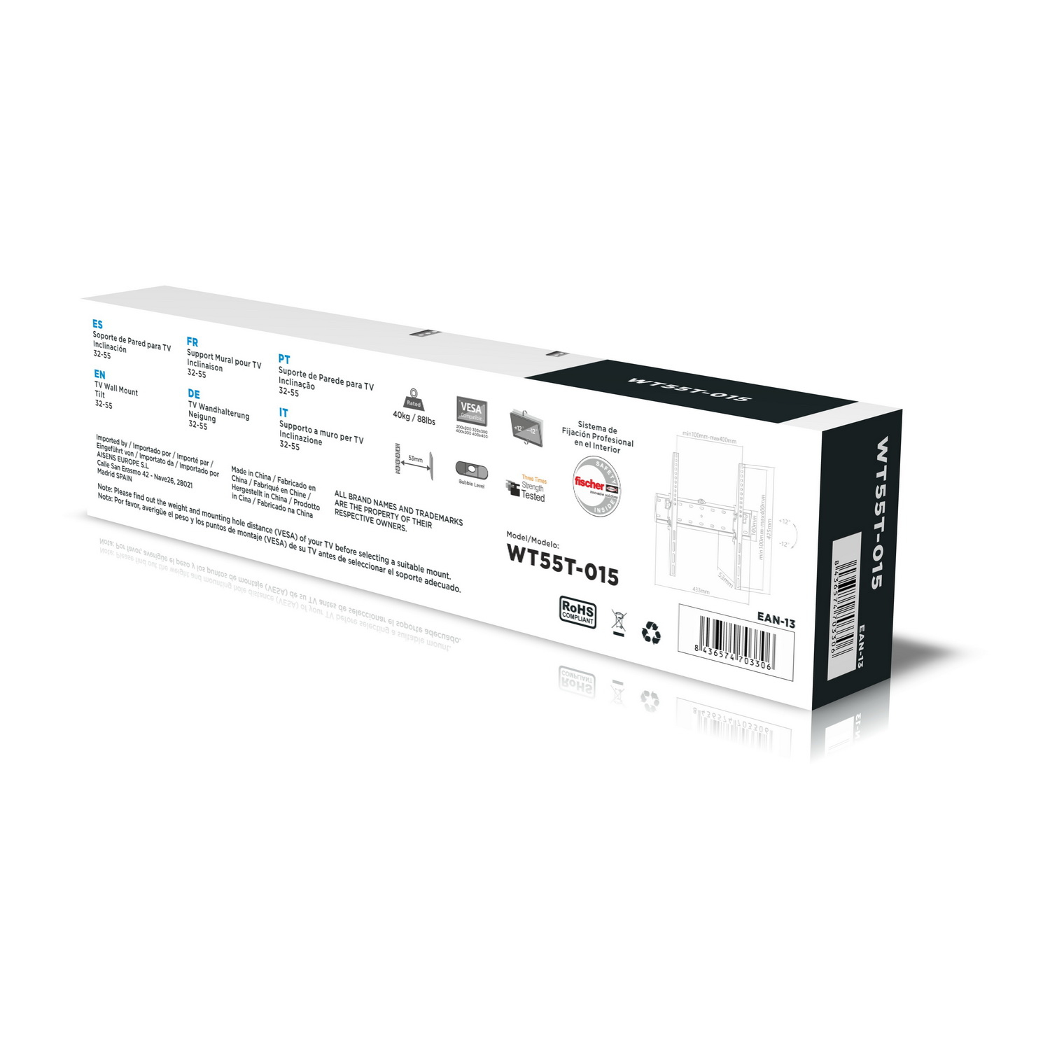 Białe pudełko do uchwytu ściennego do telewizora, nazwa produktu WT55T-015. Tekst w wielu językach, w tym hiszpańskim, francuskim i niemieckim.