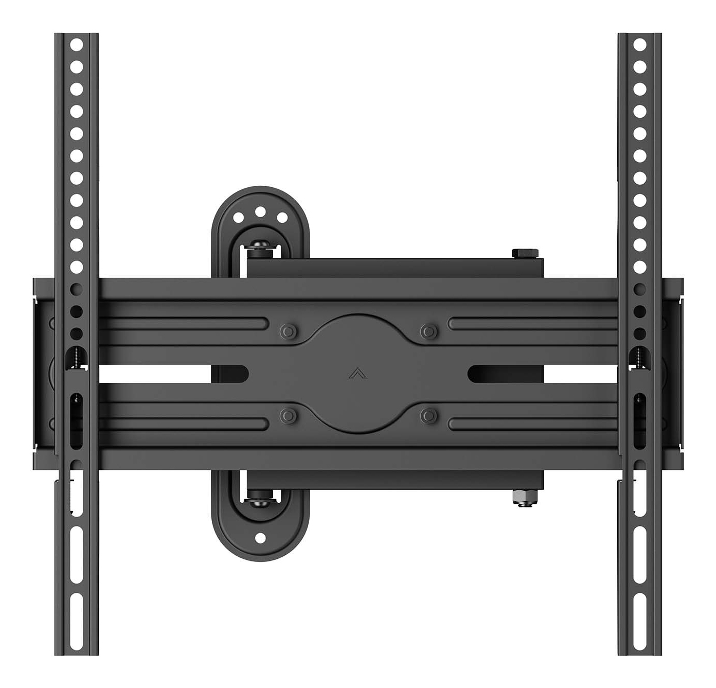 Un soporte de pared para TV negro, diseñado para montar un televisor en una pared. Tiene rieles verticales con agujeros y una estructura central.