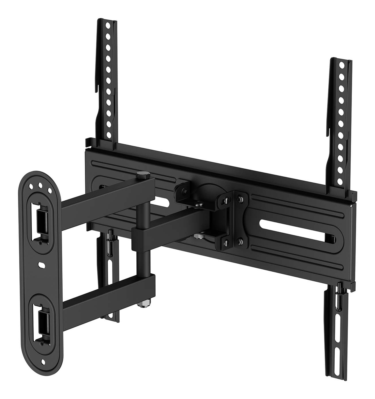 Un soporte de pared para TV negro y articulado. Tiene múltiples articulaciones y soportes para ajustar la posición del televisor. El soporte está sobre fondo blanco.
