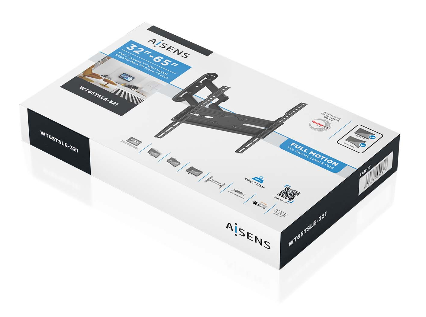 Una caja de producto con un soporte de pared para TV, la marca 'AISENS' y características enumeradas.