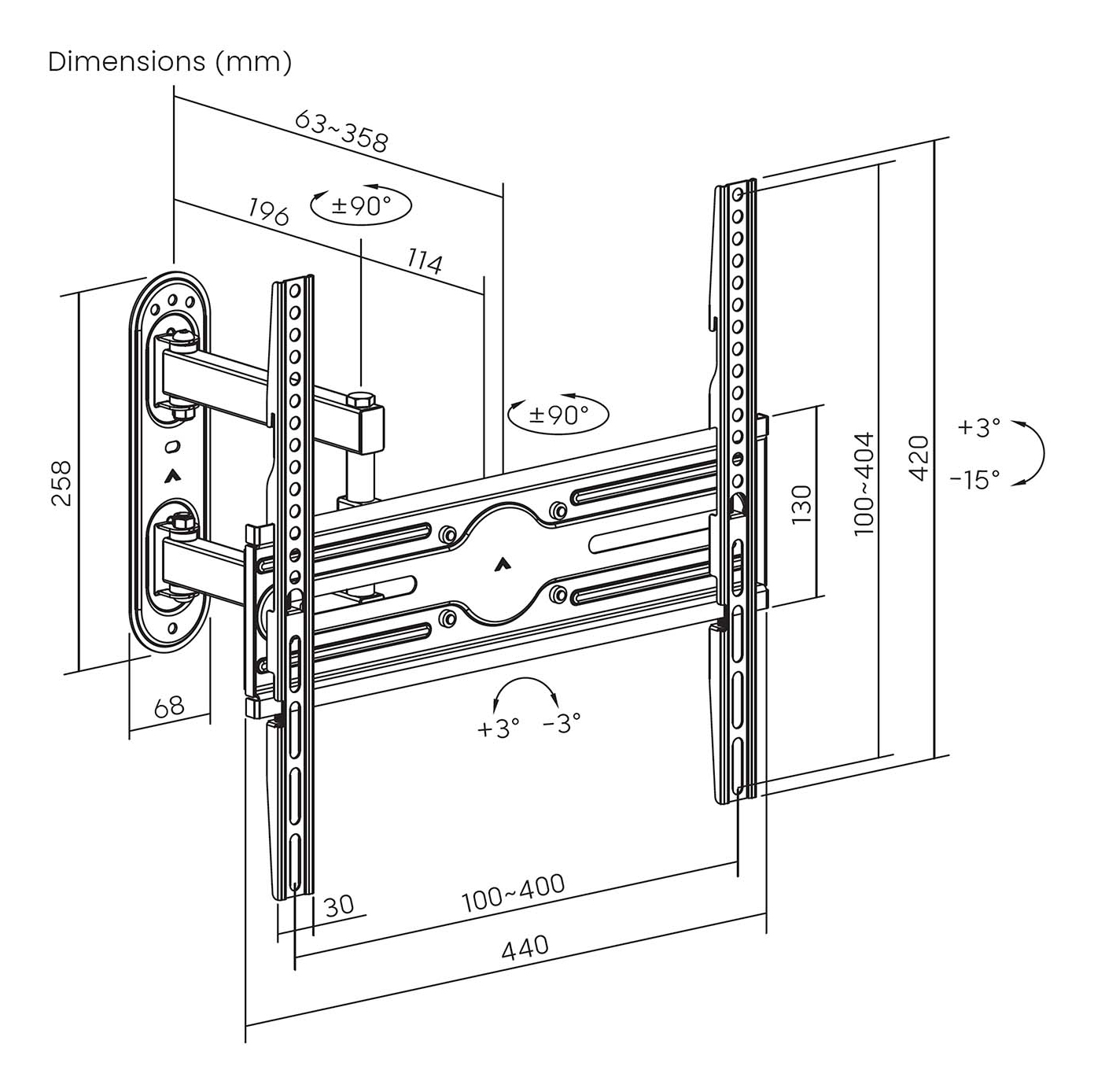 Diagrama de un soporte de pared para TV, que muestra dimensiones en milímetros, ángulos de rotación y diversas mediciones para la instalación.