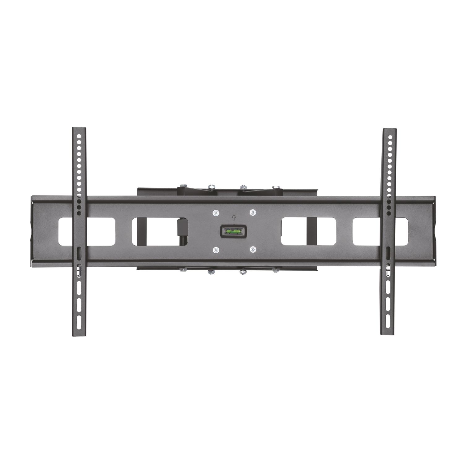 Un soporte de pared para TV gris, visto desde arriba, sobre un fondo blanco. Tiene dos soportes verticales y un marco horizontal.
