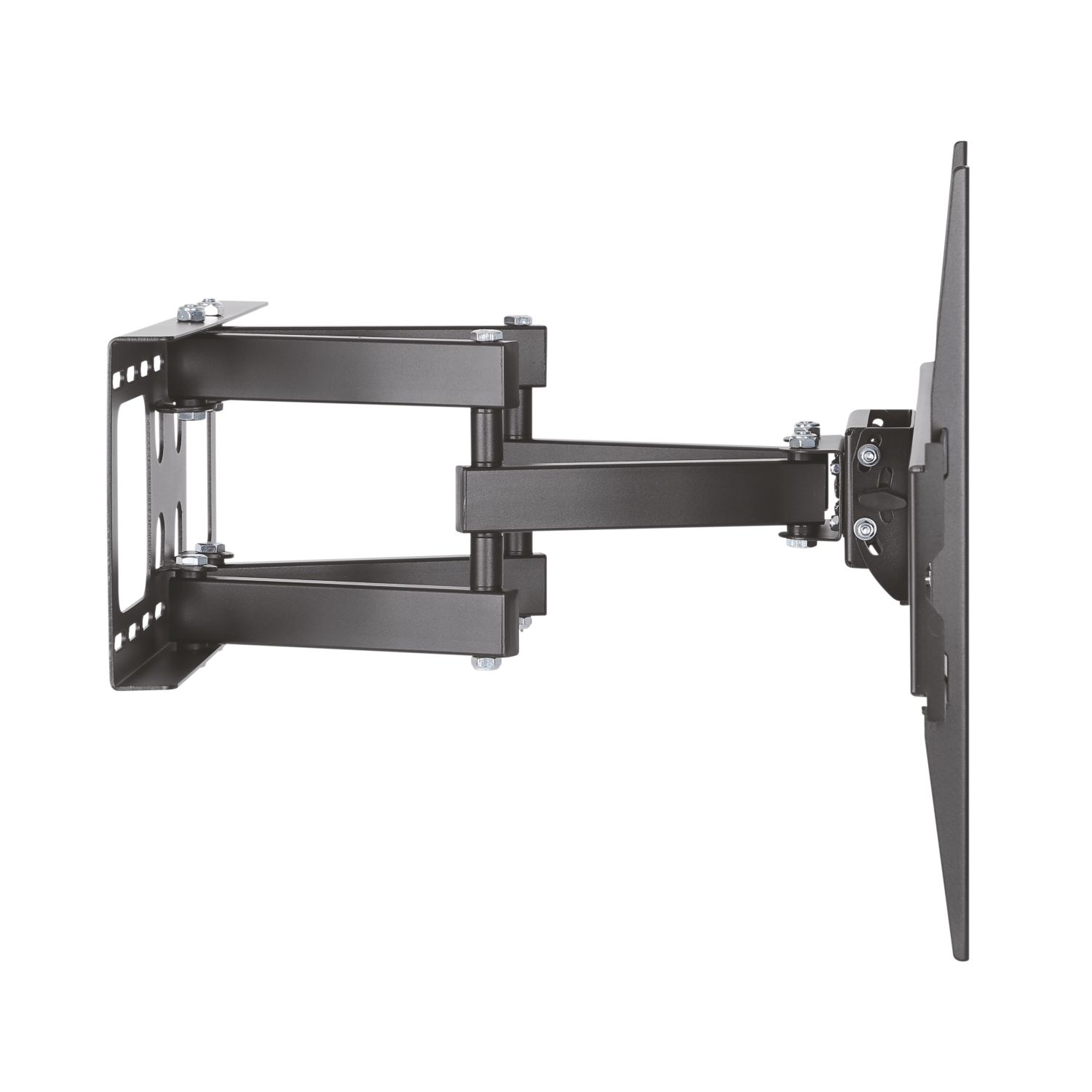 Un soporte de pared articulado negro para TV. Tiene múltiples articulaciones y placas de montaje, con pernos y tuercas visibles sobre fondo blanco.