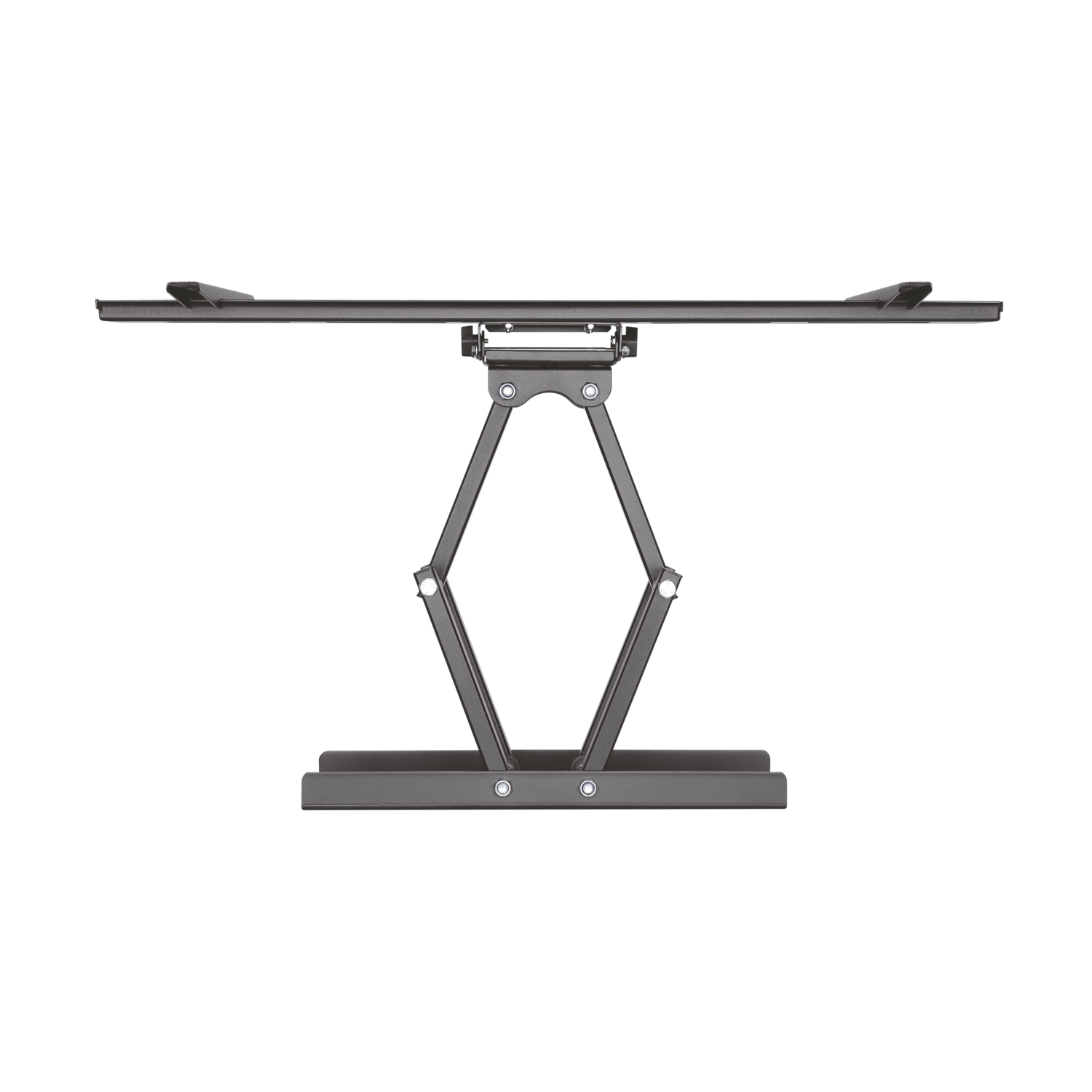 Un soporte de escritorio metálico y ajustable, visto desde arriba. Tiene una parte superior horizontal, un soporte central en forma de diamante y una base.