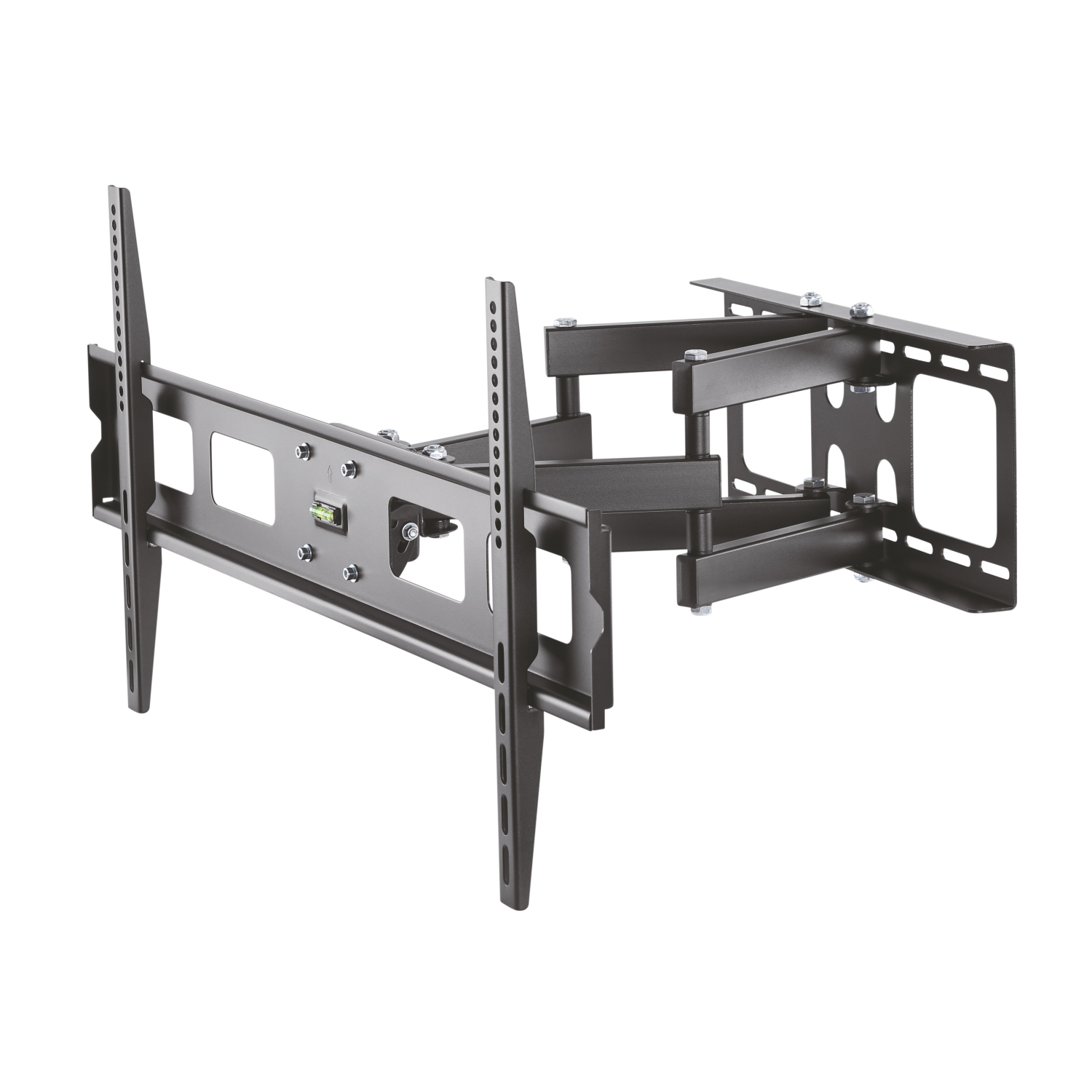 Un soporte de pared para TV negro y articulado. Tiene múltiples articulaciones y orificios de montaje, con un nivel y tornillos.