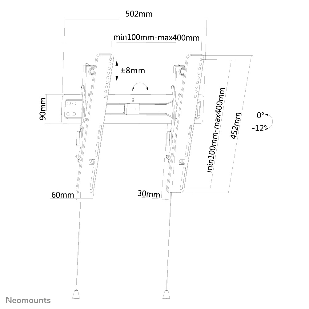 Diagram van een tv-muurbeugel met afmetingen in mm. Het toont afmetingen zoals 502 mm, 90 mm en hoeken, waaronder een kantelbereik van 0° tot -12°.