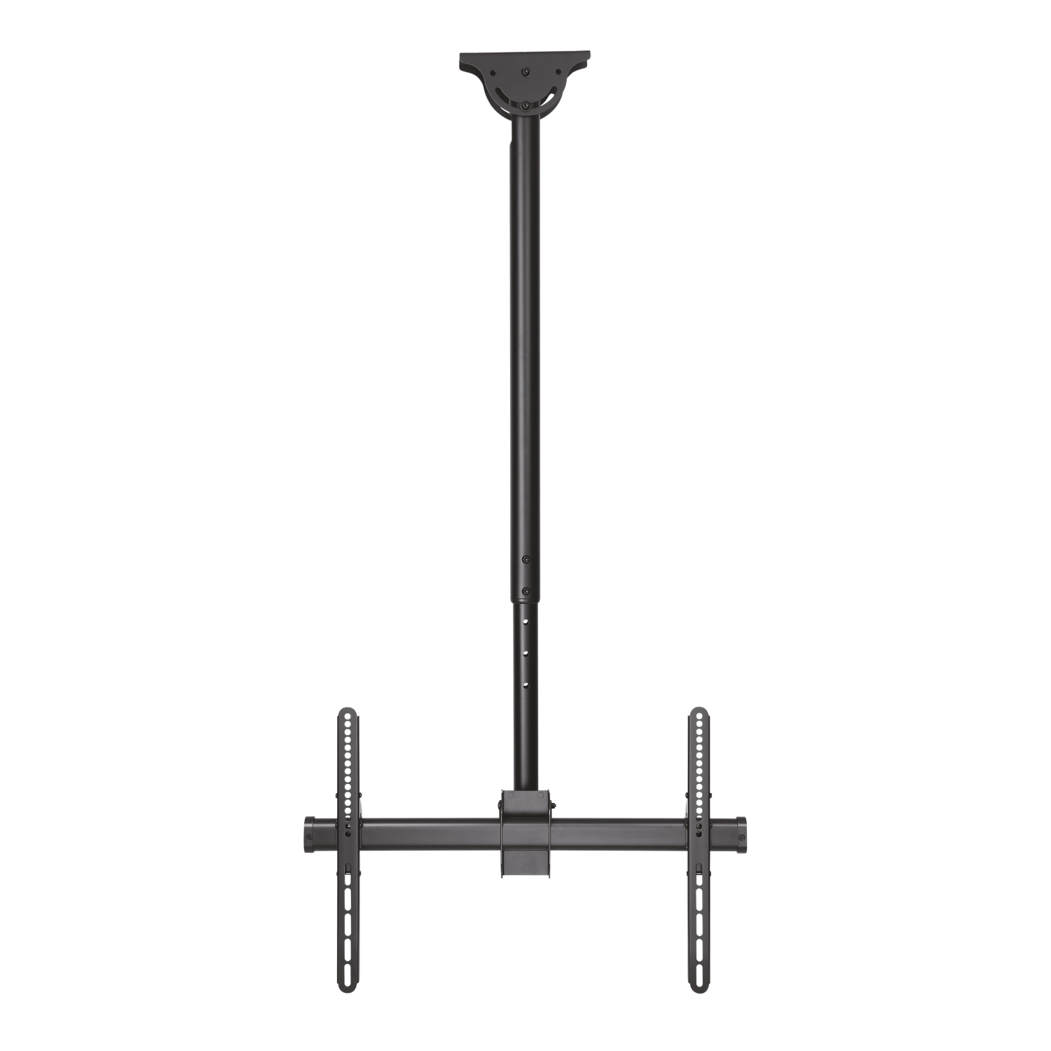 Una staffa nera per TV da soffitto. Ha un palo centrale, una barra orizzontale e due bracci verticali per il fissaggio.
