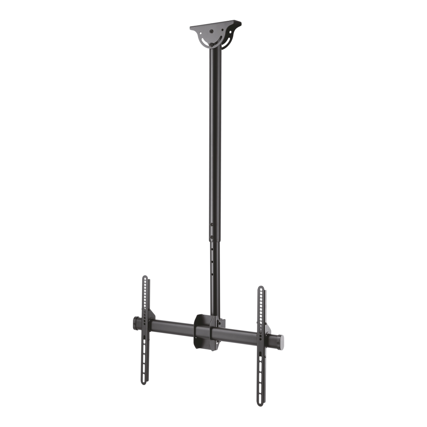 Un supporto a soffitto nero per TV. Ha un palo, bracci regolabili e staffe per fissare una TV.