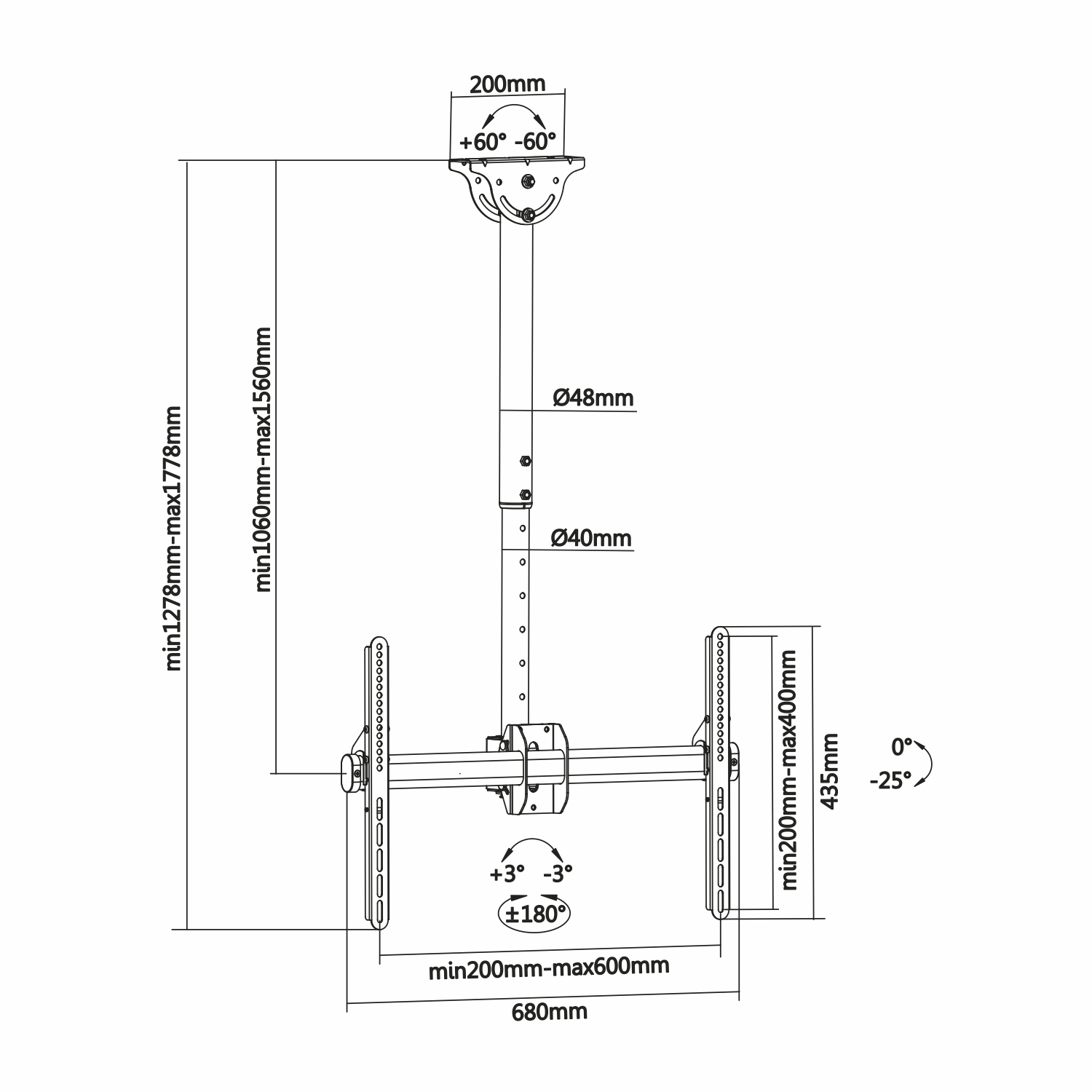 Diagramma di un supporto a soffitto per TV, con misure in millimetri e gradi per diverse regolazioni e dimensioni.