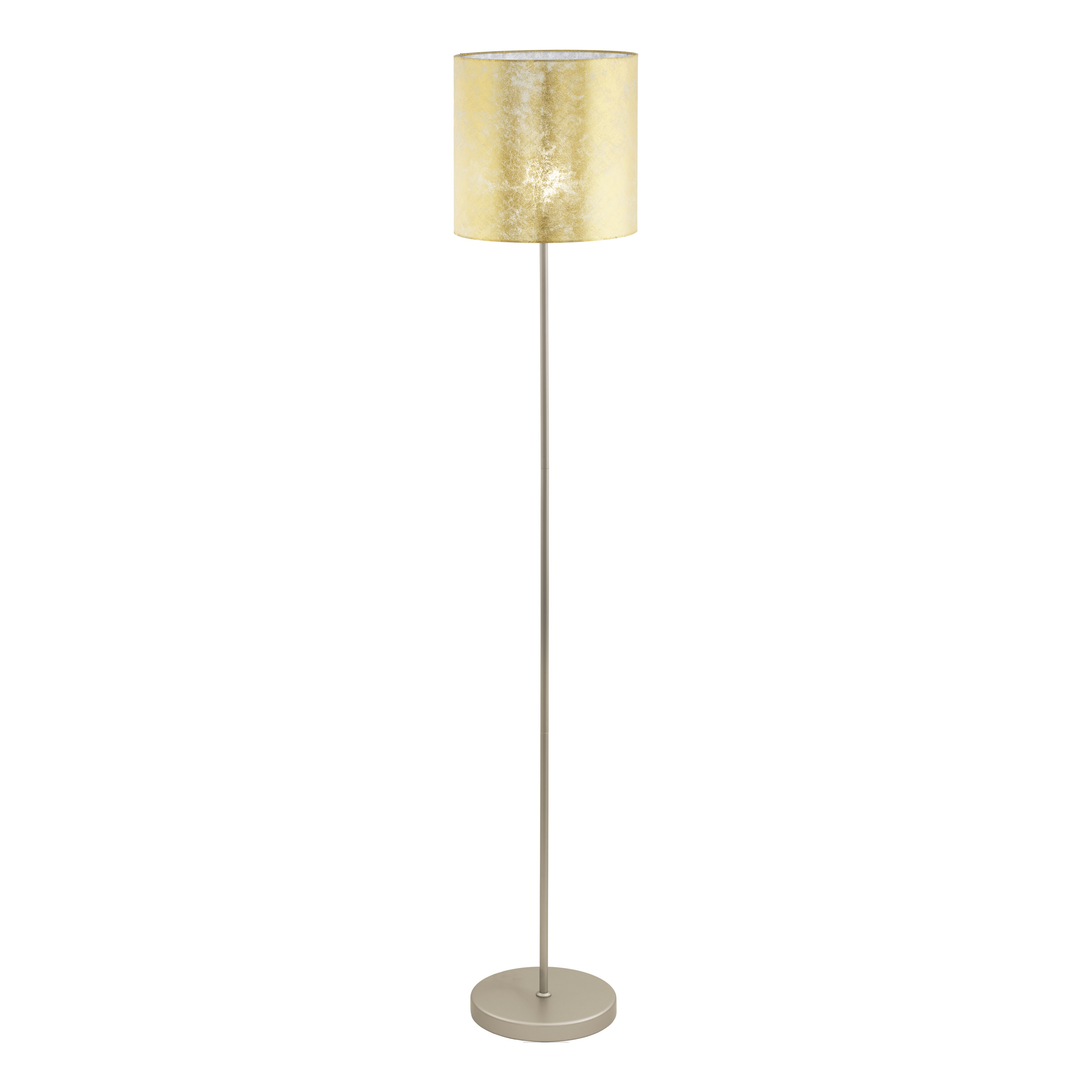Un lampadaire avec un abat-jour doré et un poteau argenté, sur fond blanc.