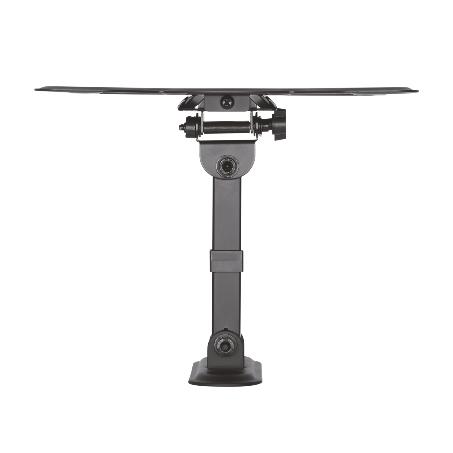 Un supporto TV nero, composto da una base, un braccio regolabile e una piastra superiore per montare una TV, su sfondo bianco.