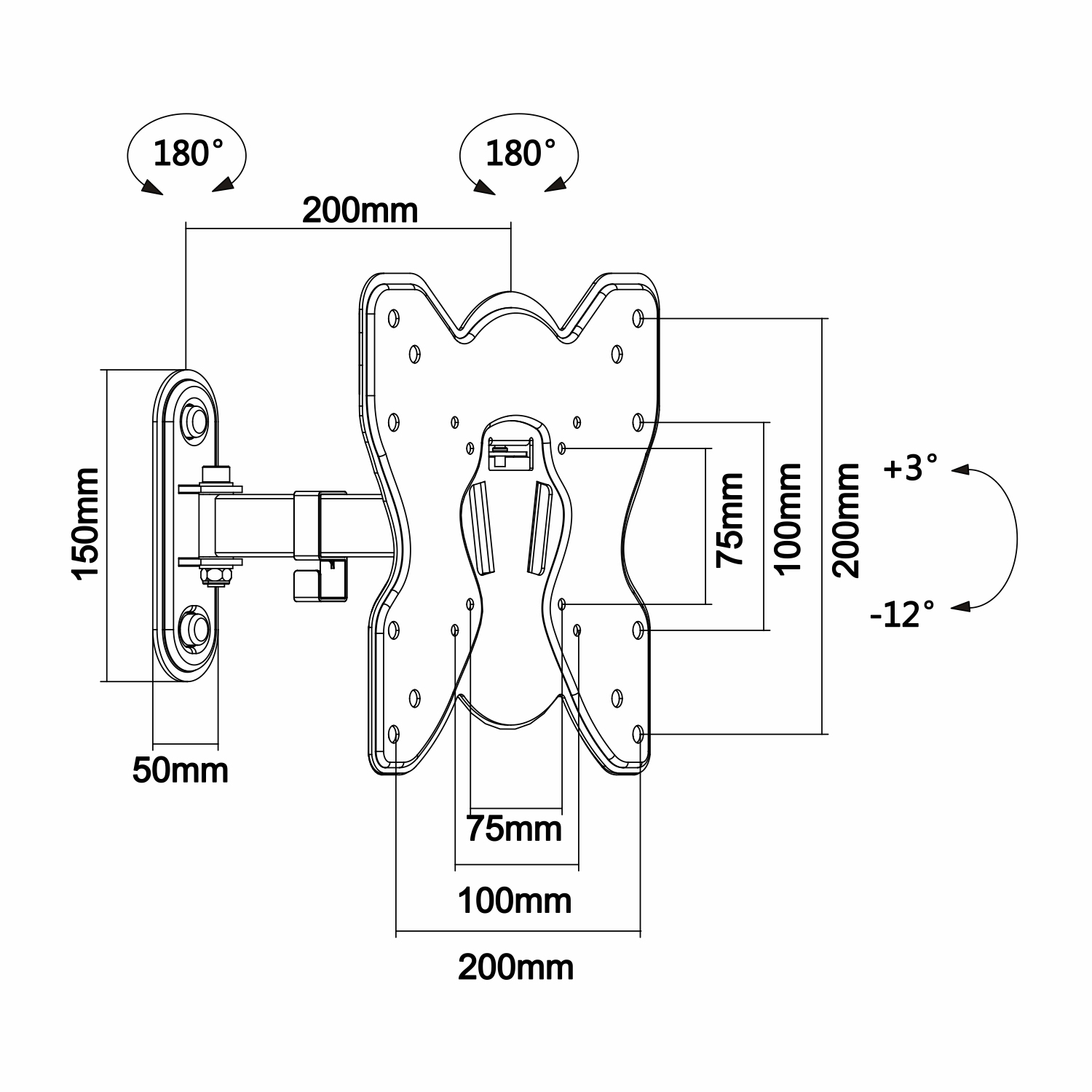 Disegno tecnico di un supporto a parete. Dimensioni in millimetri. Le frecce mostrano gli angoli di rotazione.