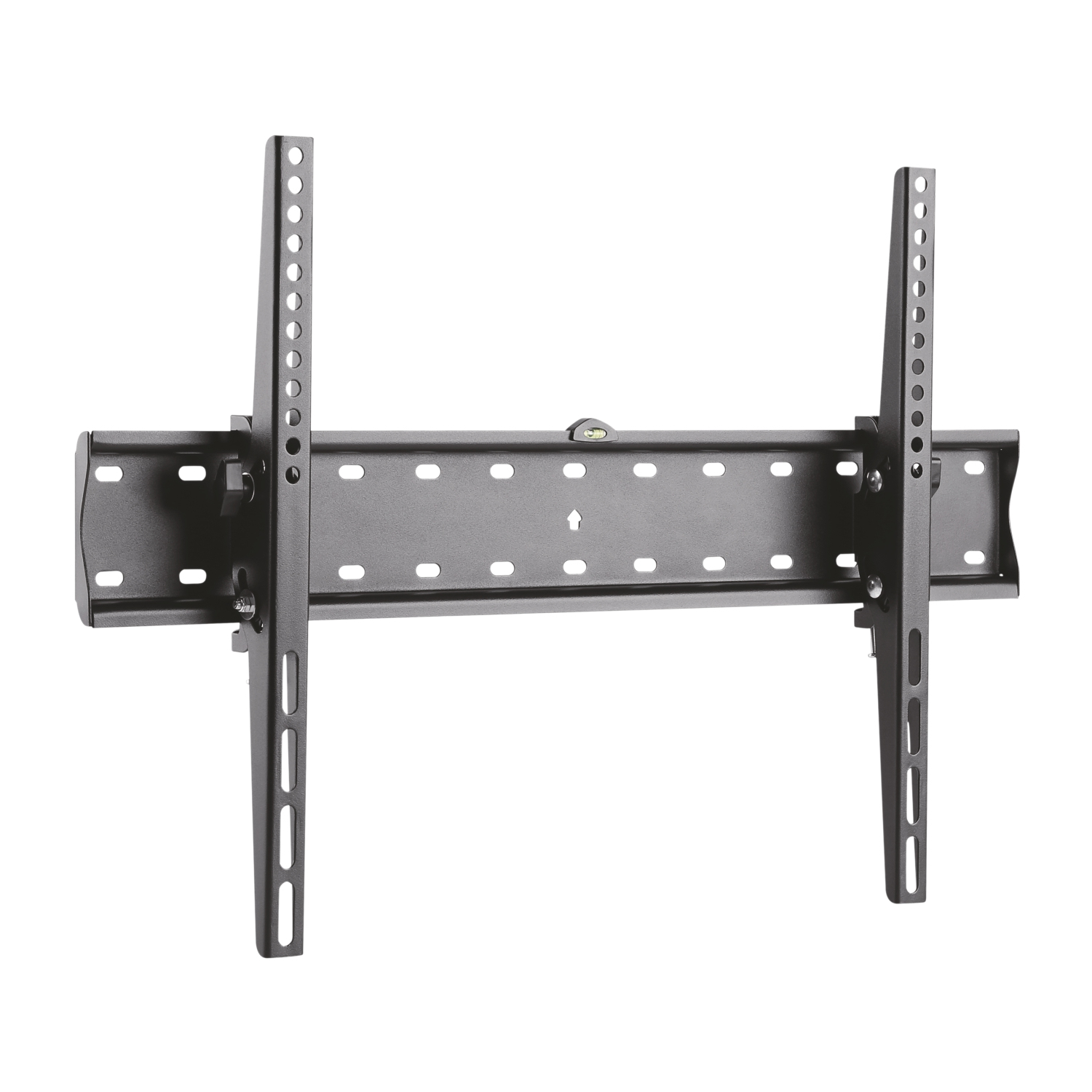 Un soporte de pared de TV de metal negro. Tiene una barra horizontal con agujeros y dos barras verticales con agujeros, para fijar un televisor.