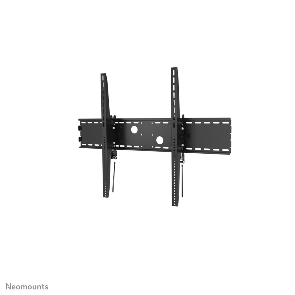 Un support mural de télévision noir, avec des supports verticaux et horizontaux, et des trous de montage. Le fond est blanc.