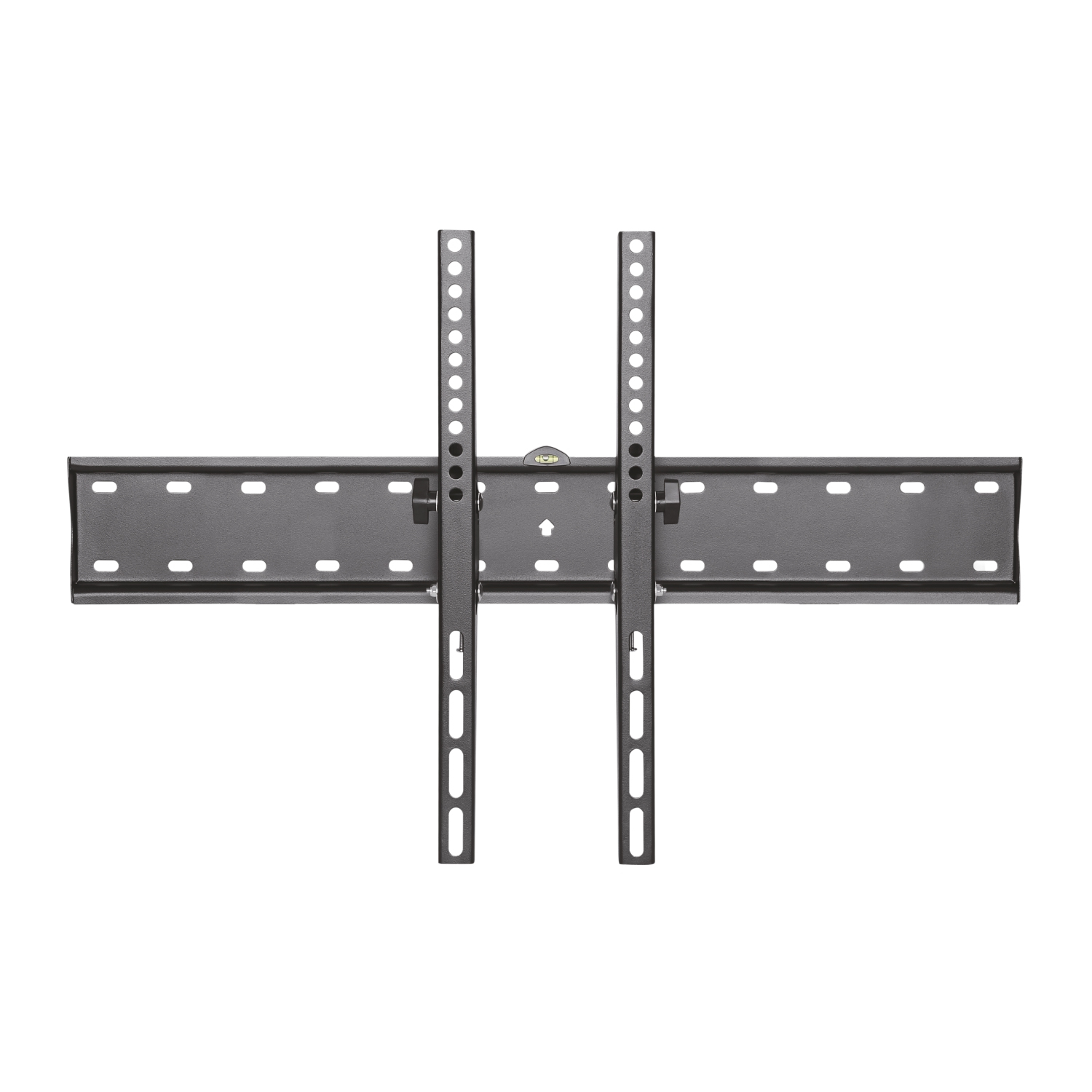 Un soporte de TV negro sobre fondo blanco. Tiene dos soportes verticales y una barra horizontal con múltiples agujeros.