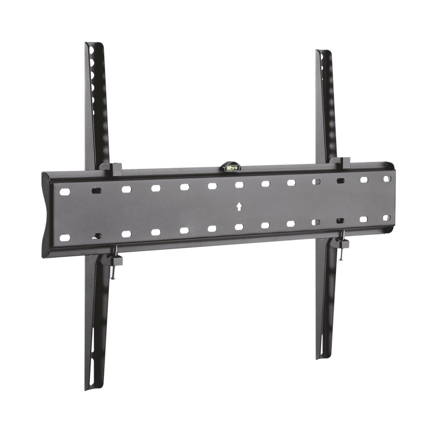 Un soporte de pared de TV de metal negro. Tiene una placa horizontal con muchos agujeros y dos soportes verticales.