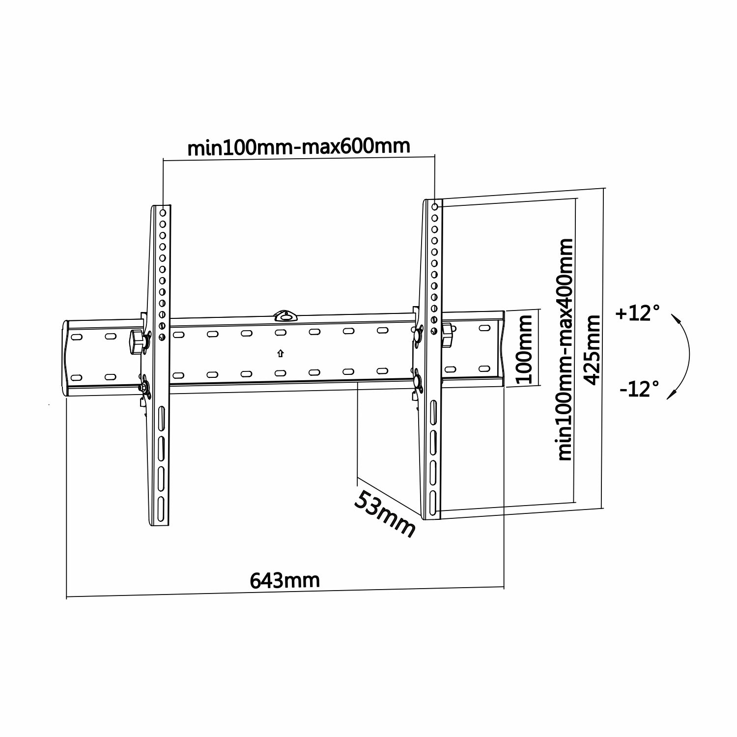 Diagrama de un soporte de pared para TV con dimensiones y ángulos. Muestra medidas como 643 mm, 53 mm y ajustes de ángulo de +12° y -12°.