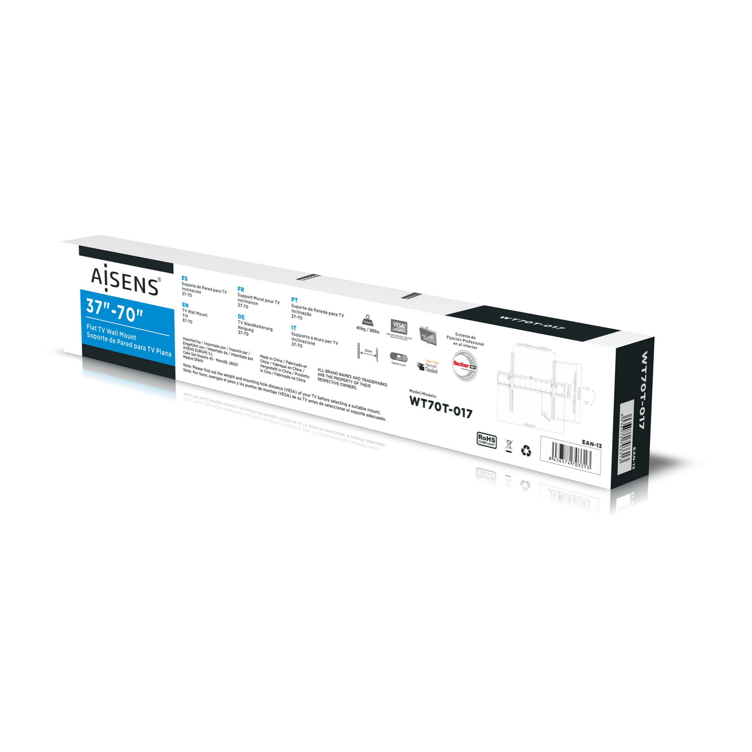 Caja blanca con detalles del producto y soporte de pared para TV. Texto en varios idiomas. Diseño en blanco y negro.