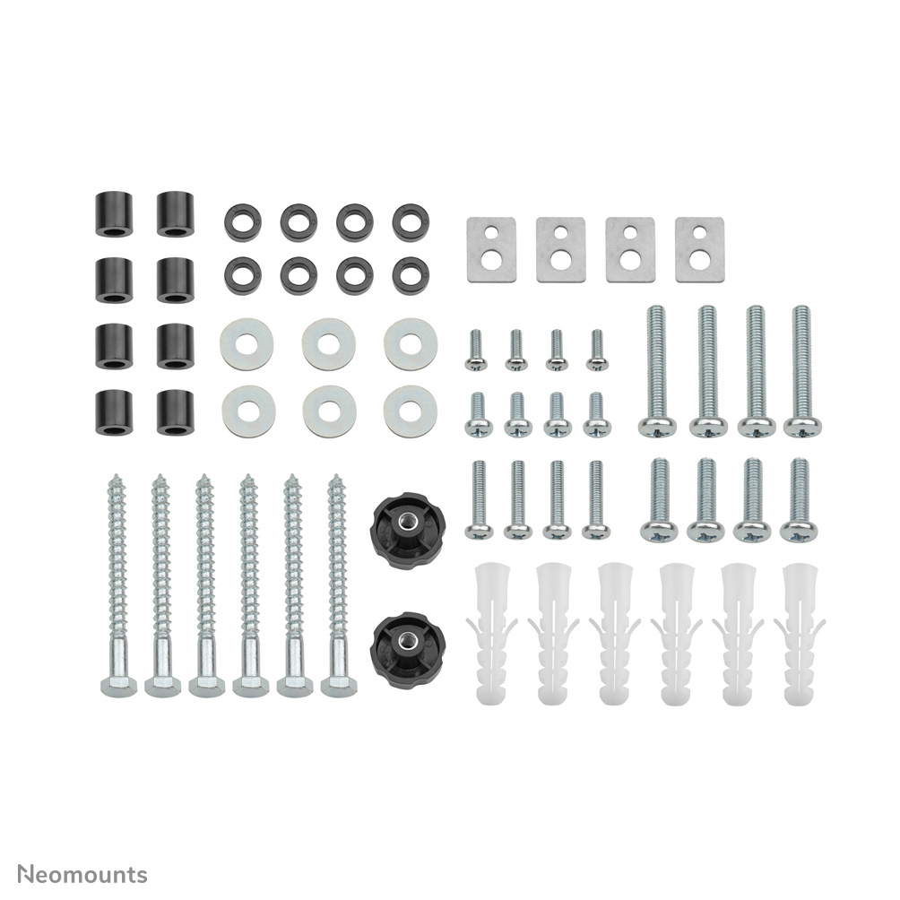Assortiment de matériel de montage, comprenant vis, rondelles, boulons et chevilles en plastique, disposé sur fond blanc.