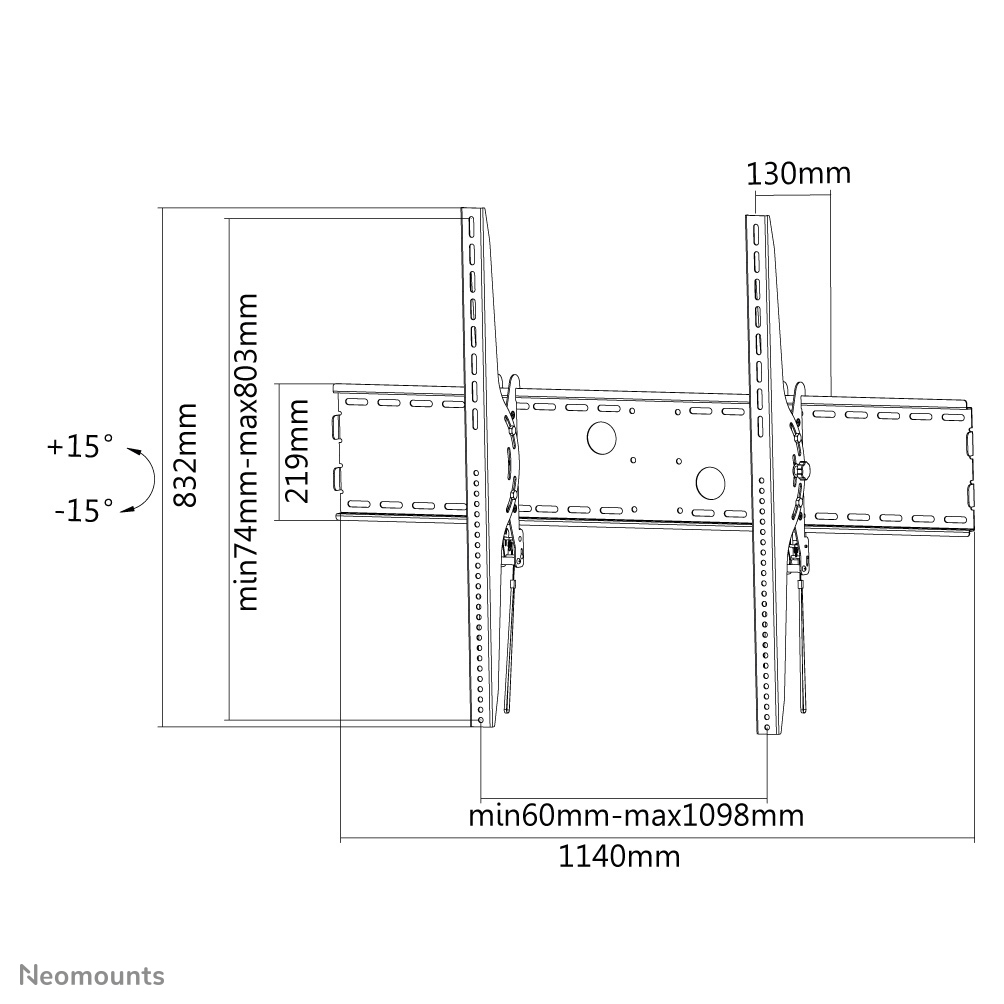 Schéma d'un support TV en métal noir avec dimensions en millimètres. Contient diverses mesures et angles de réglage.