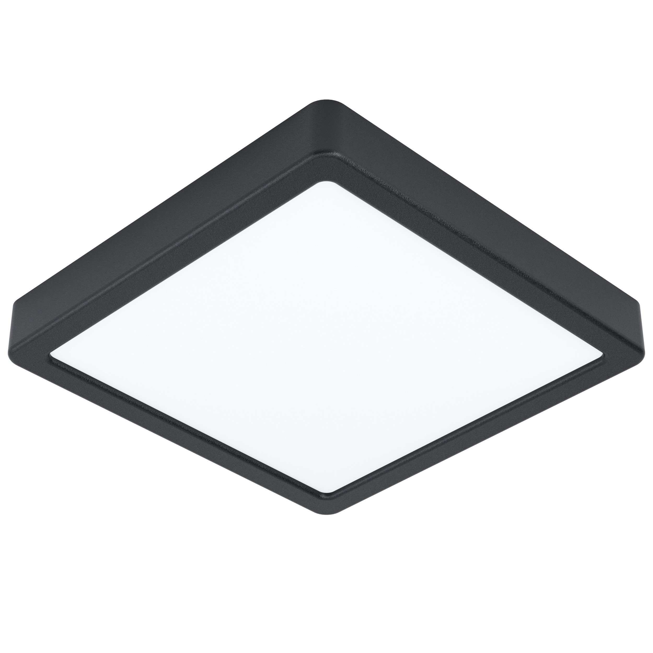Plafoniera quadrata con cornice nera e centro bianco brillante illuminato. Isolato su sfondo bianco.