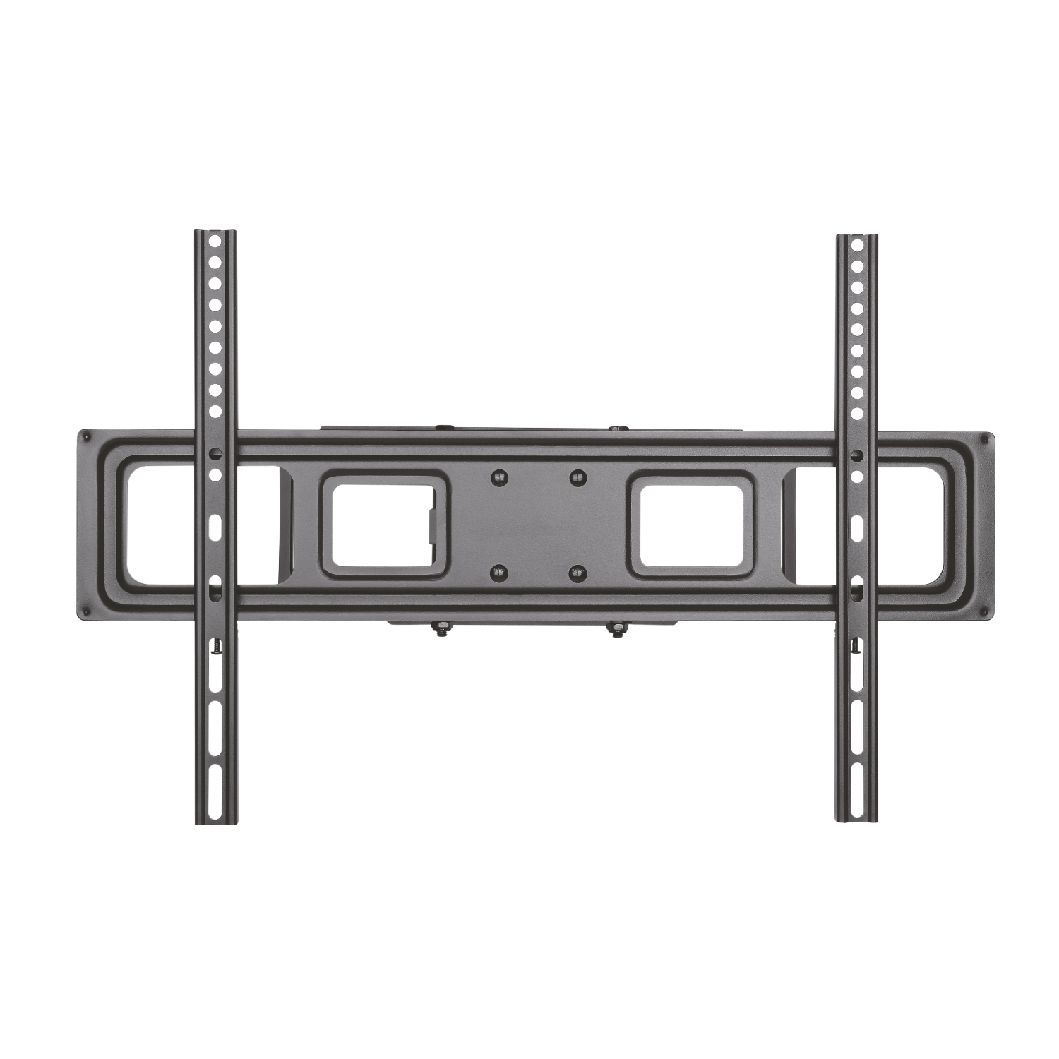 Un soporte de pared de TV metálico gris. Tiene una parte central rectangular con dos aberturas cuadradas y barras de soporte verticales.