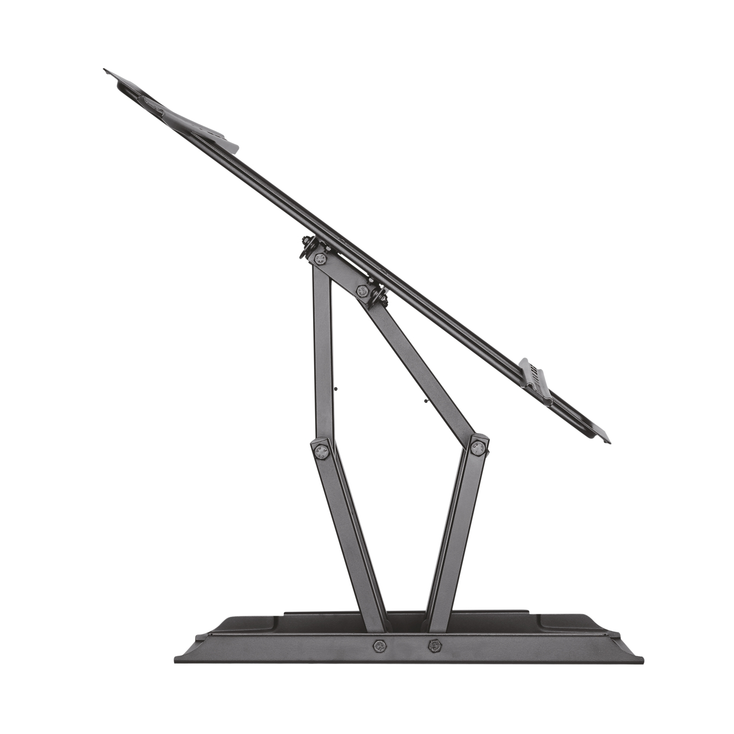 Un soporte ajustable de color gris oscuro. Tiene una base, un soporte con bisagras y una parte superior inclinada. El soporte está sobre fondo blanco.