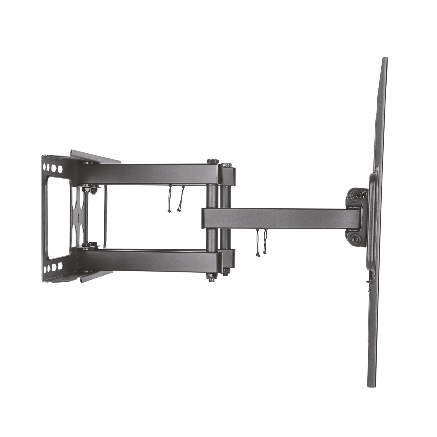 Un soporte de pared para TV negro y articulado se muestra sobre fondo blanco. Está completamente extendido y listo.