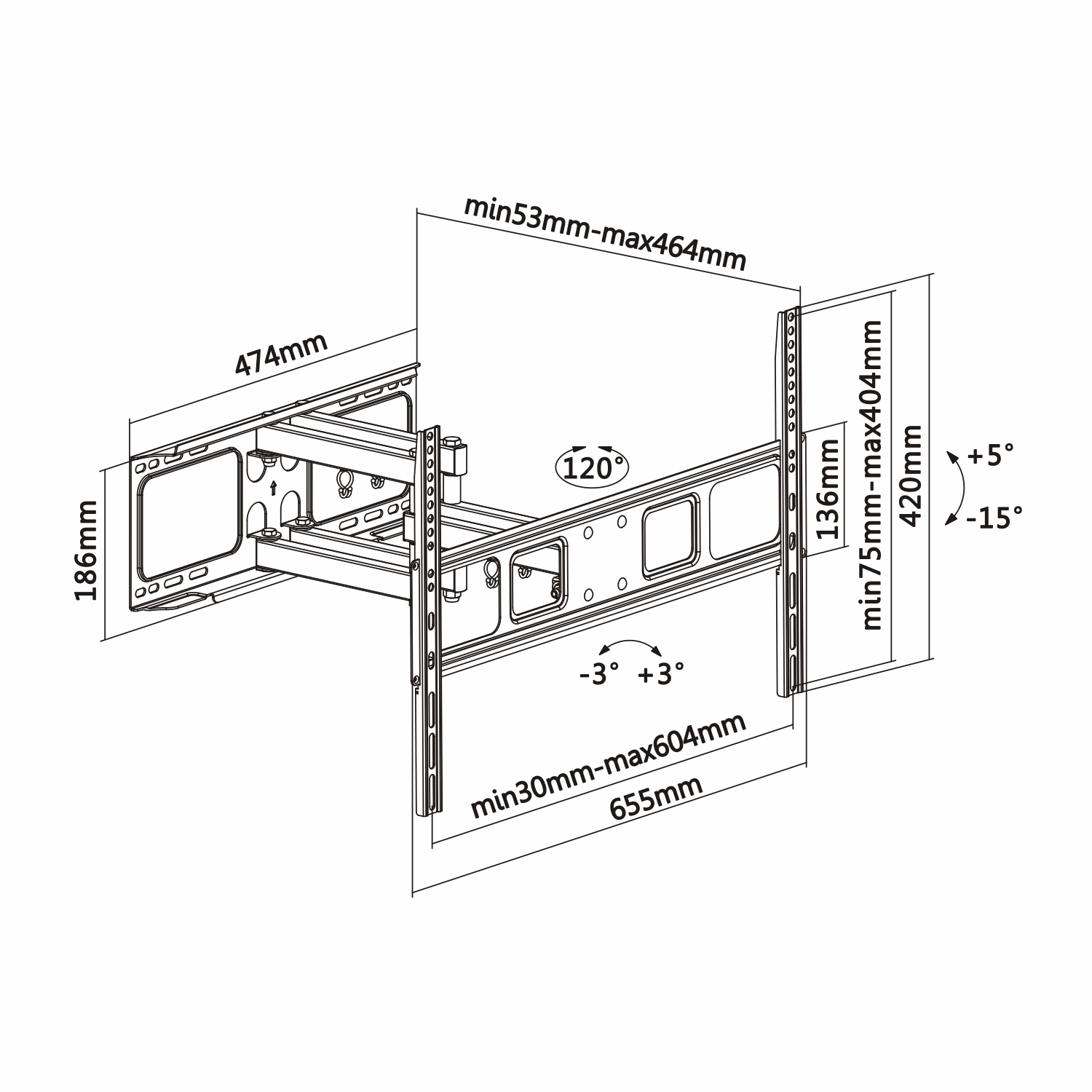 Diagrama de un soporte de pared para TV, que muestra dimensiones y ángulos. Incluye soportes, orificios y medidas en milímetros.