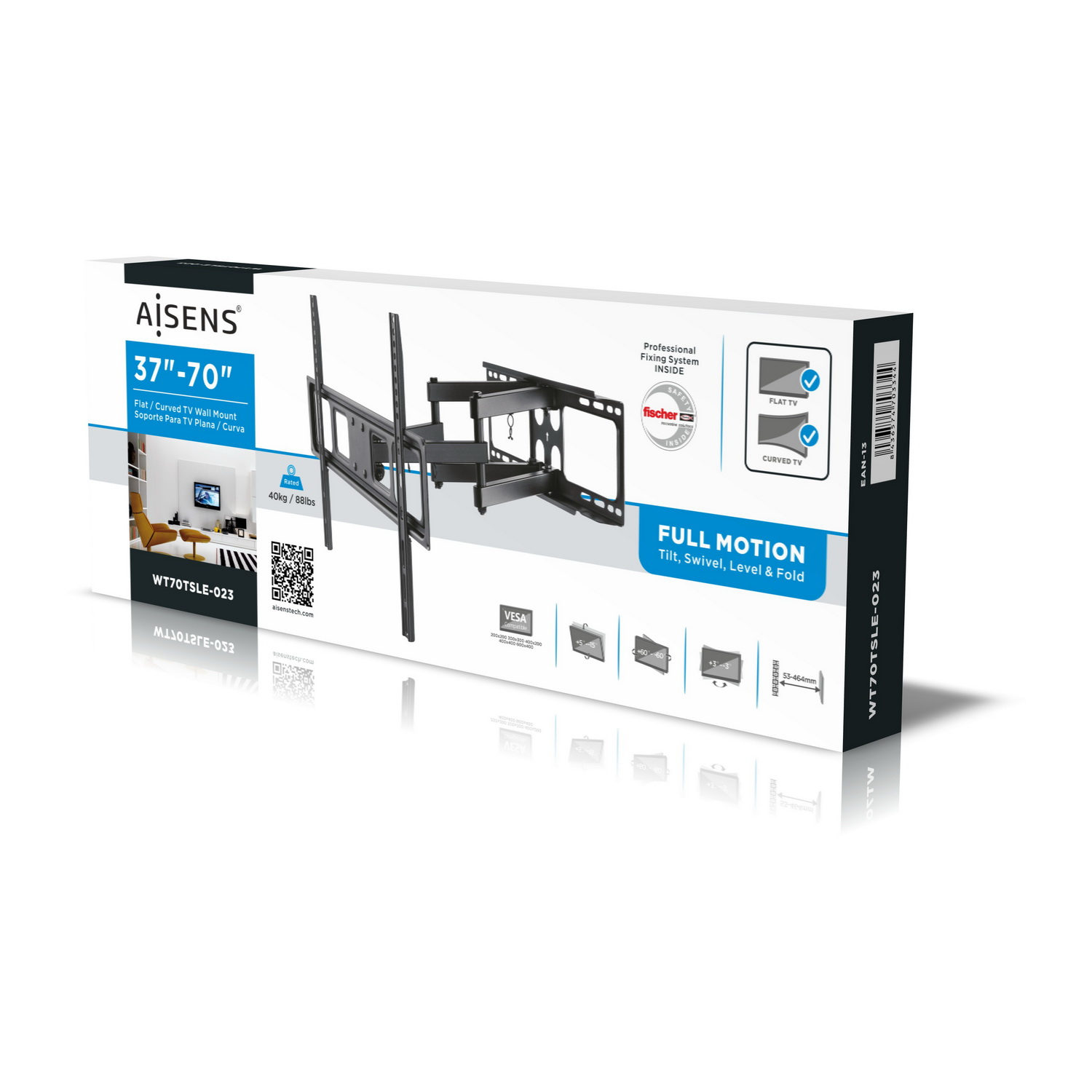 Una caja para un soporte de pared para TV. Muestra los detalles del producto, incluyendo rango de tamaño, capacidad de peso y funciones.