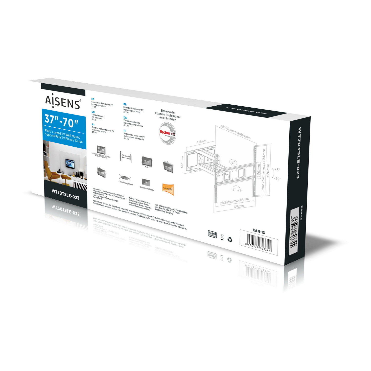Una caja de soporte de pared para TV. Es en blanco y negro con información del producto y un diagrama del soporte de pared.