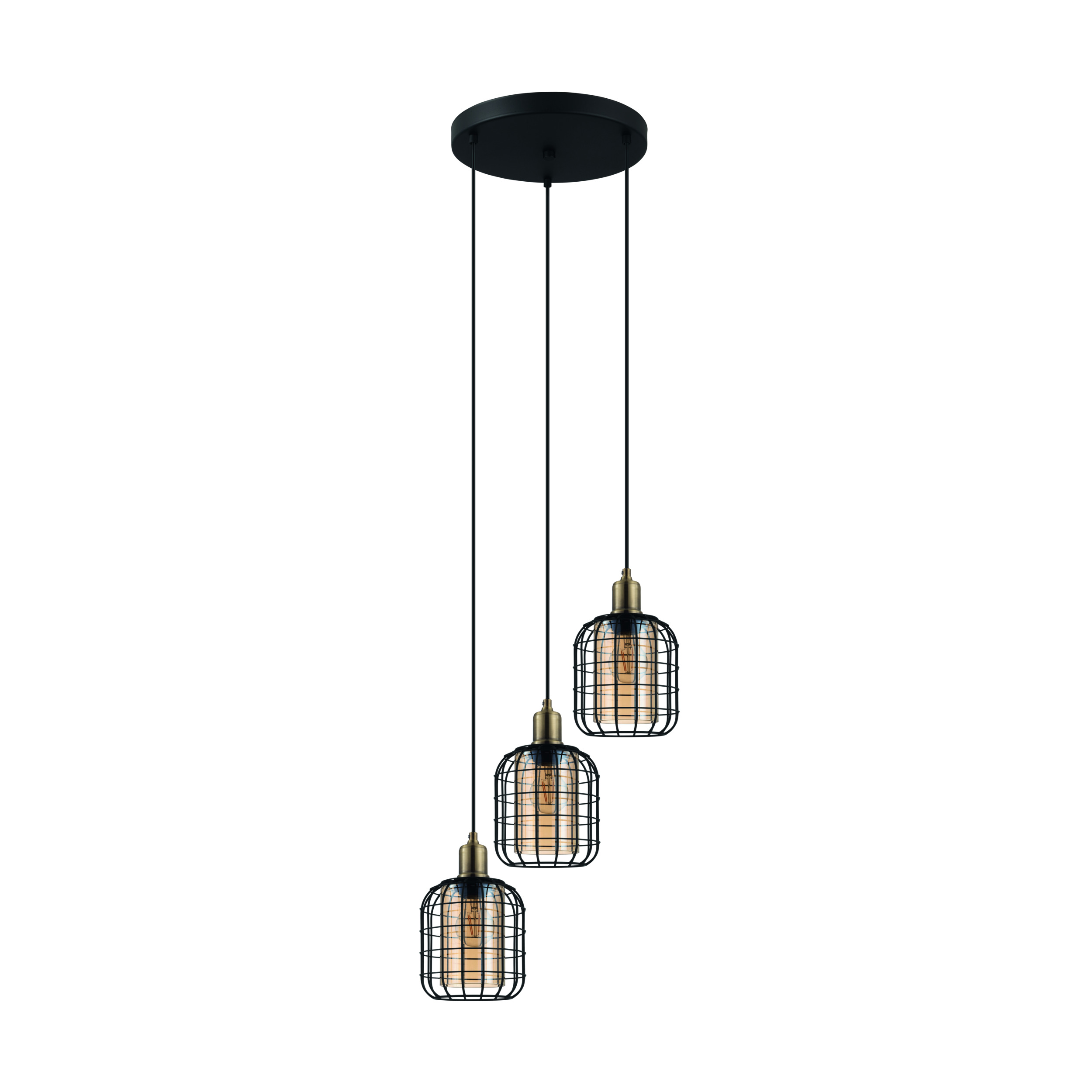 Tre lampade a sospensione con gabbie di filo nero e lampadine ambrate. Sospese da una piastra a soffitto nera, su sfondo bianco.