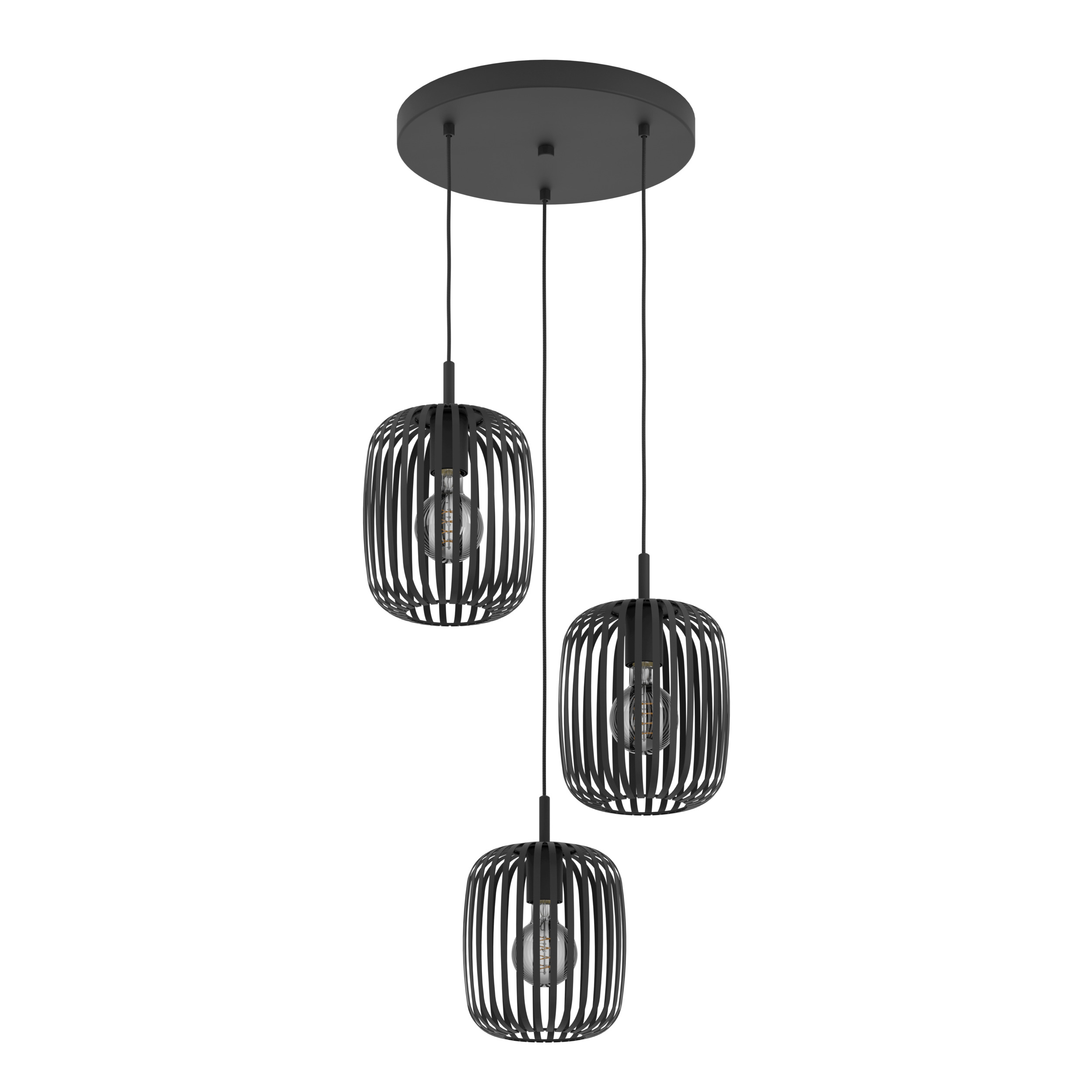 Drie zwarte hanglampen. Elk heeft een kooivormige kap met een gloeilamp erin. Ze hangen aan een plafondplaat.