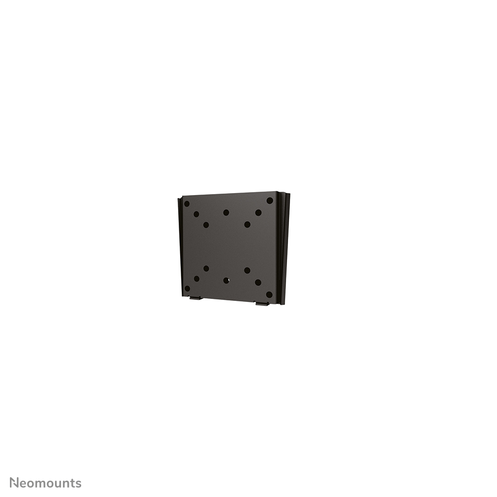 Een zwarte muurbeugel met meerdere gaten voor montage. Het heeft een rechthoekige vorm, iets schuin, en staat op een witte achtergrond.