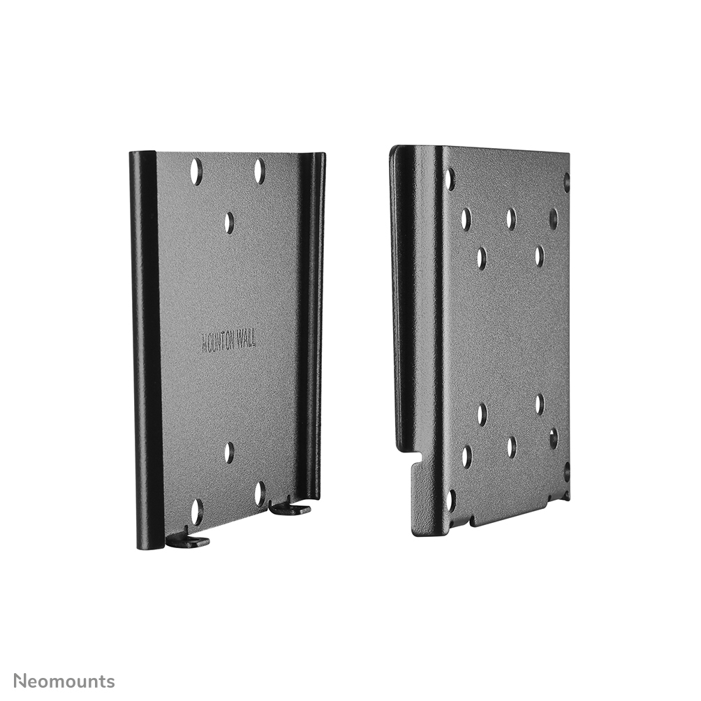 Twee zwarte metalen muurbeugels met meerdere gaten. Eén toont de tekst "MOUNT ON WALL". Beide staan op een witte achtergrond.