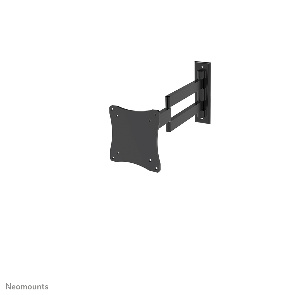 Un support TV noir mural. Il possède une plaque murale rectangulaire, un bras articulé et une plaque carrée pour la télévision.