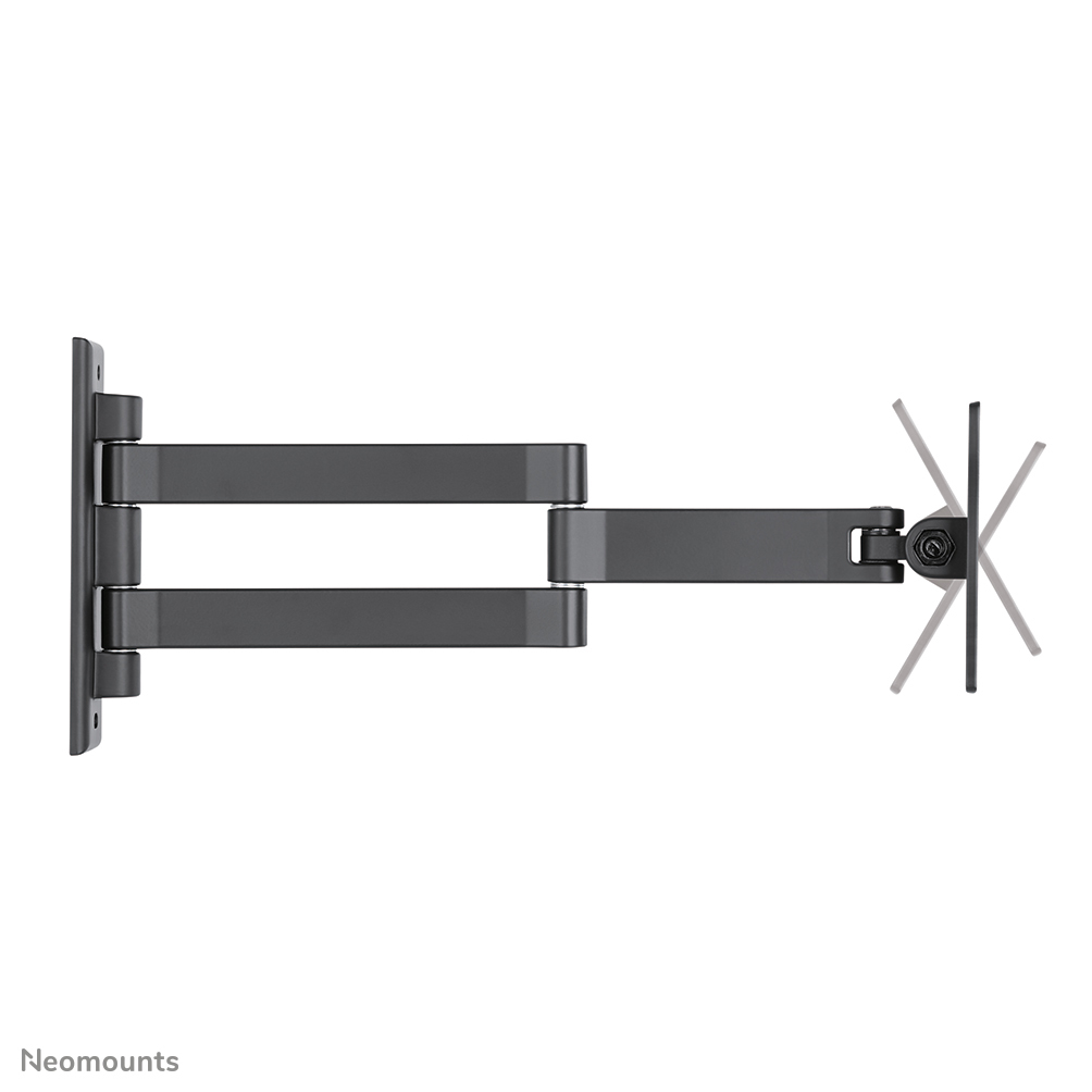 Un support TV gris foncé articulé s'étend horizontalement. Il comporte plusieurs articulations et une plaque de montage. Le fond est blanc.