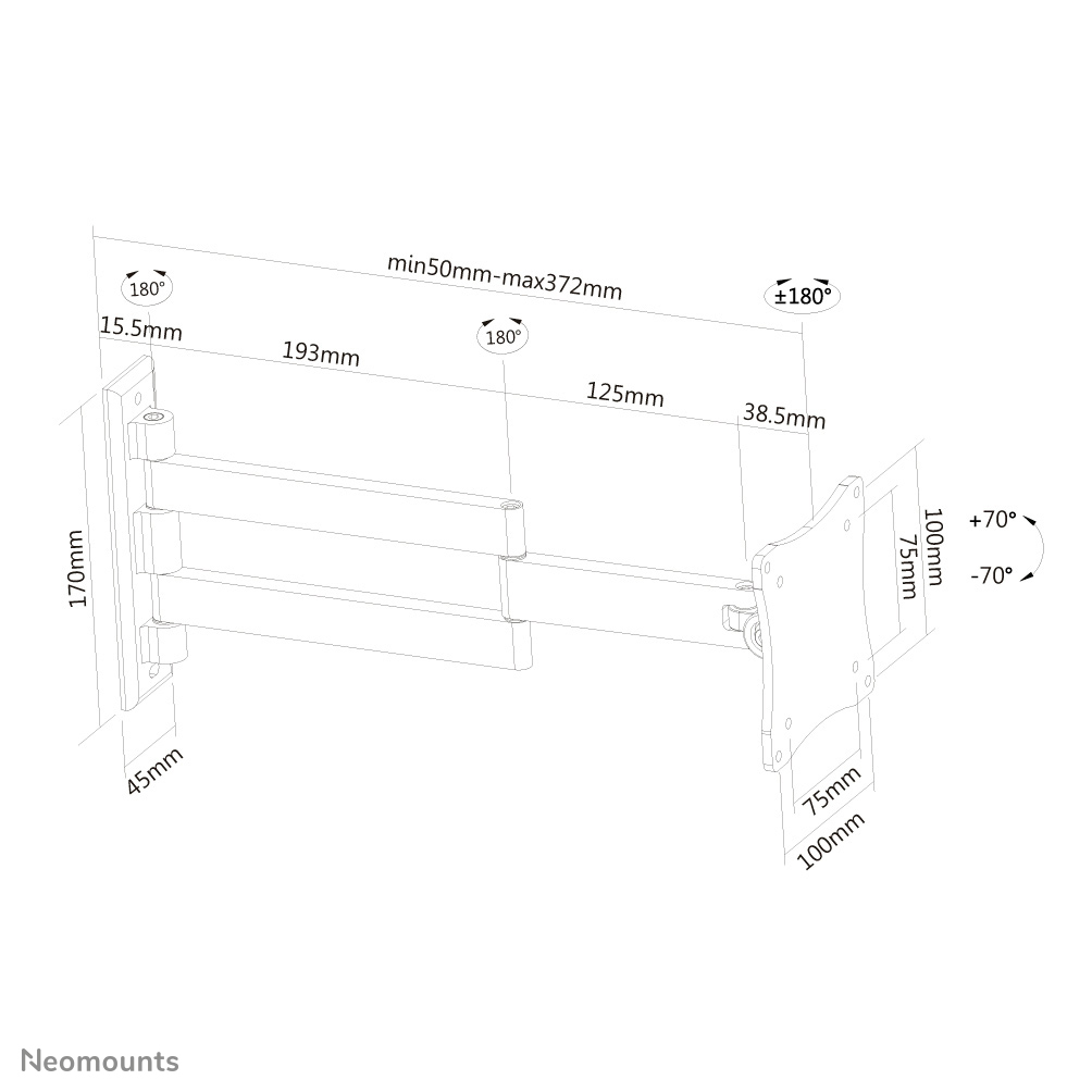 Un diagramme blanc d'un support mural avec des mesures. Il montre un support avec des bras et un panneau pour fixer un écran.